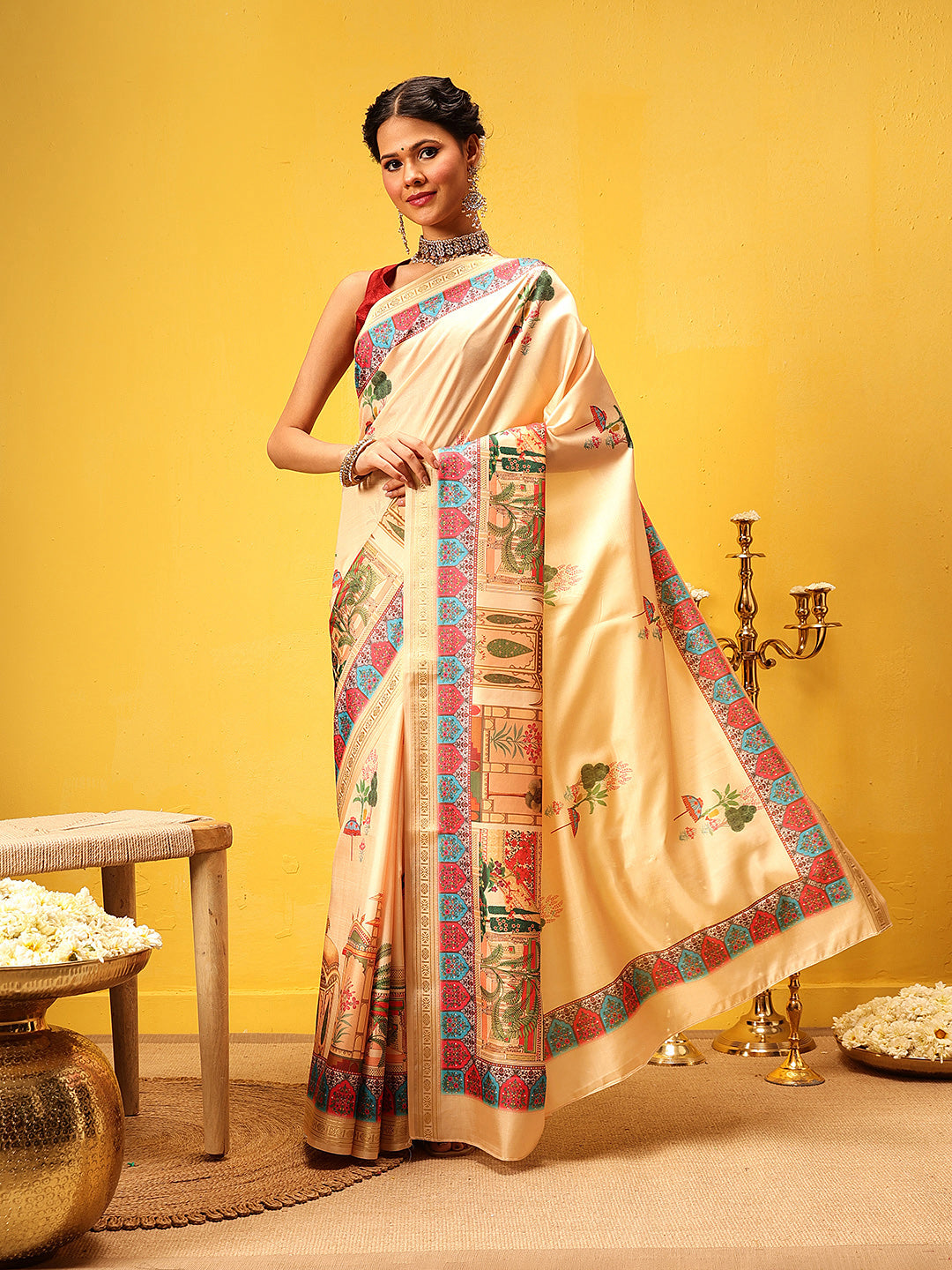 Women Beige Art Silk Digital Printed Saree With Unstitched Blouse