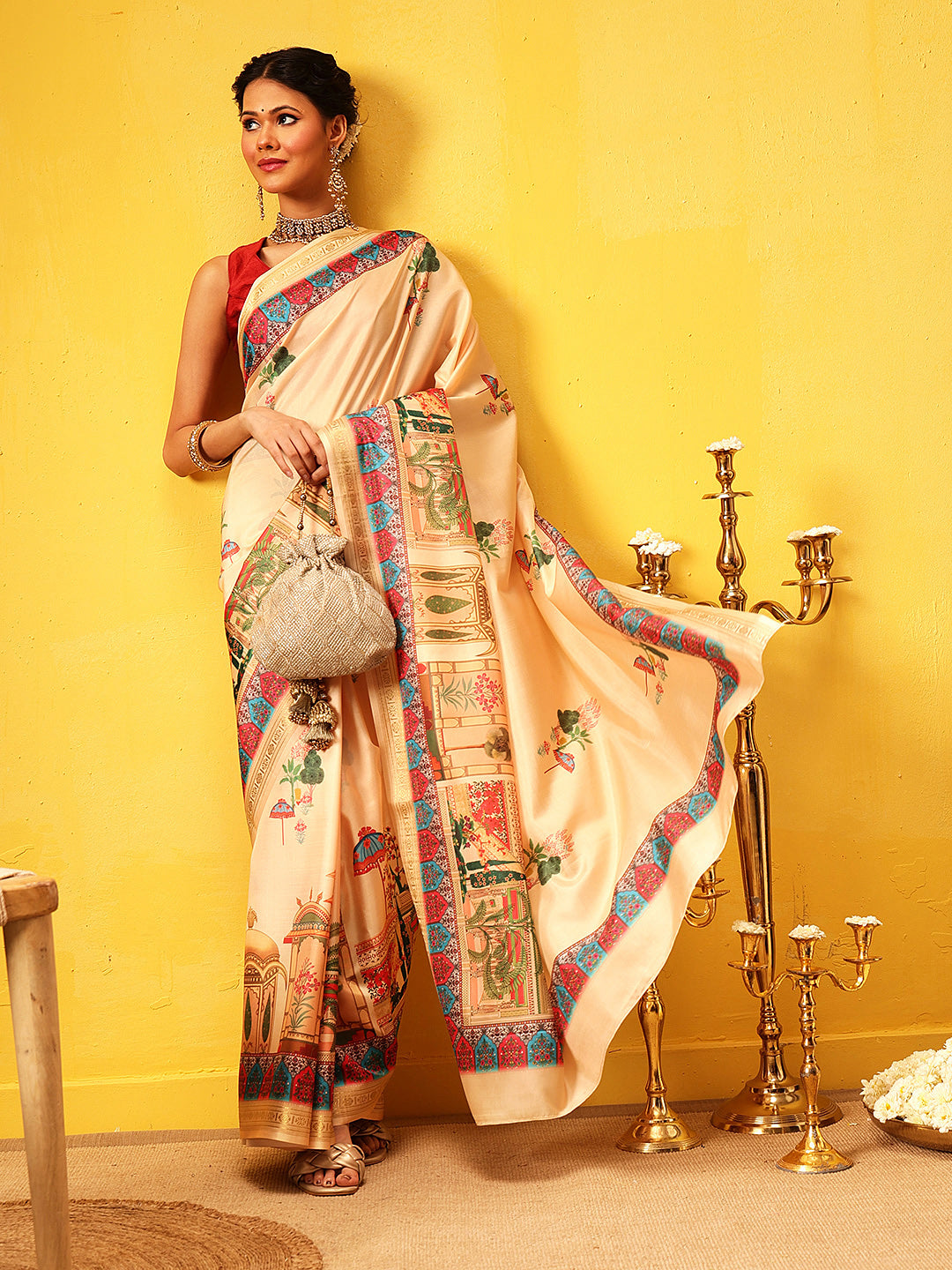 Women Beige Art Silk Digital Printed Saree With Unstitched Blouse