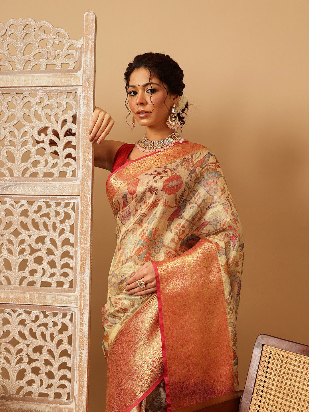 Women Beige Muga Silk Digital Printed Saree With Unstitched Blouse