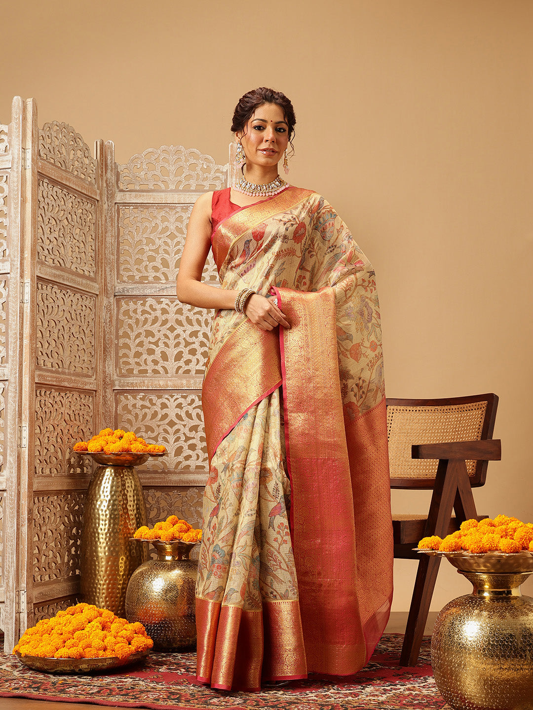 Women Beige Muga Silk Digital Printed Saree With Unstitched Blouse