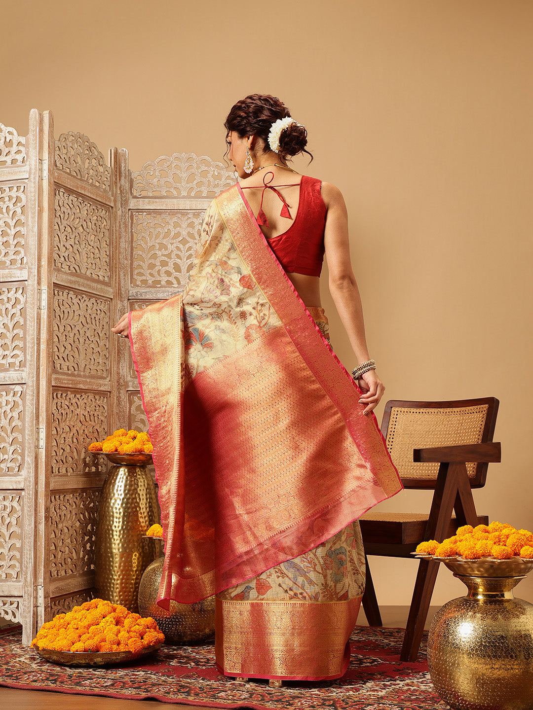 Women Beige Muga Silk Digital Printed Saree With Unstitched Blouse