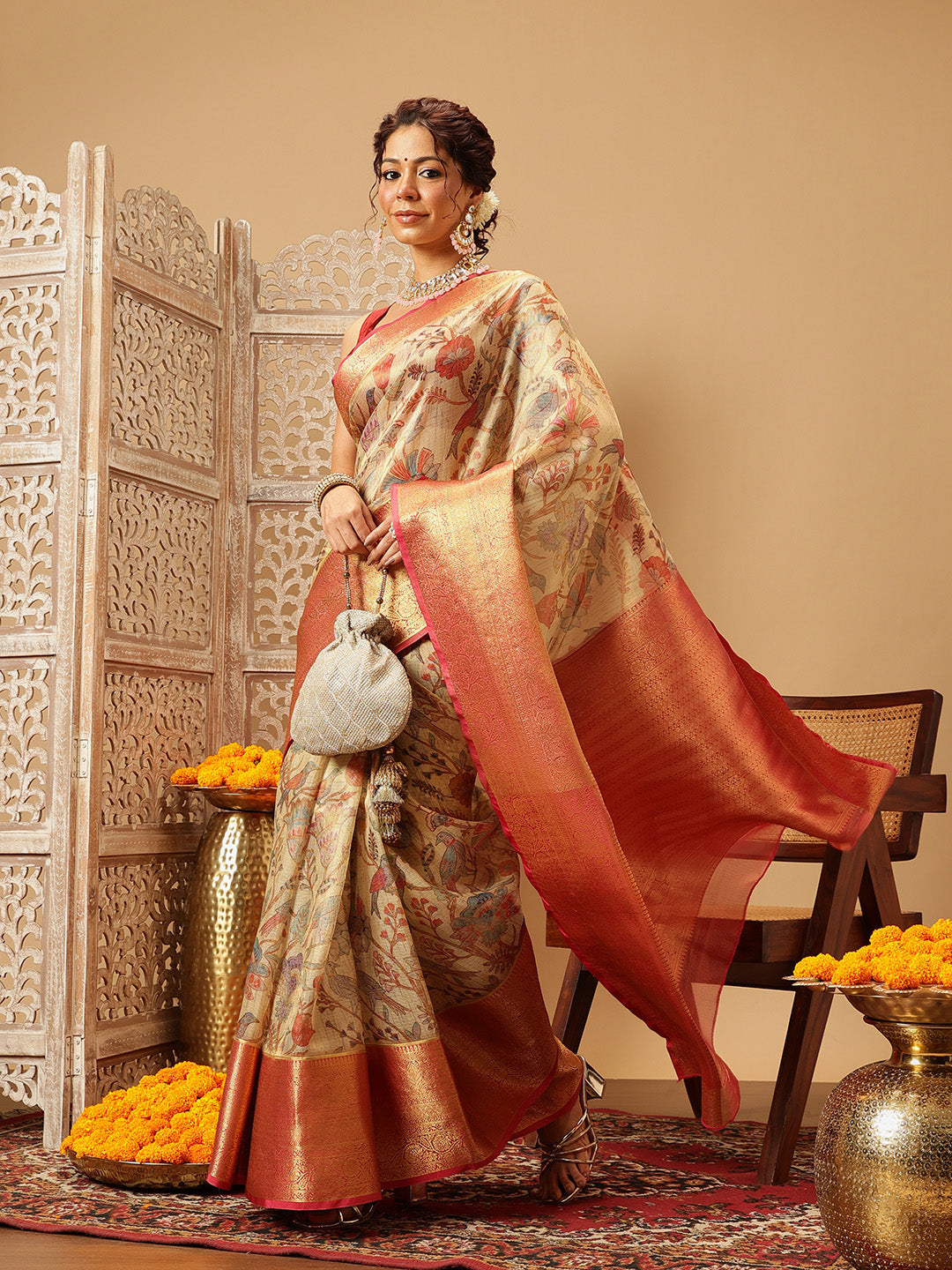 Women Beige Muga Silk Digital Printed Saree With Unstitched Blouse