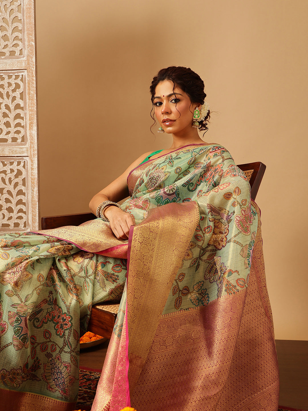 Women Green Muga Silk Digital Printed Saree With Unstitched Blouse