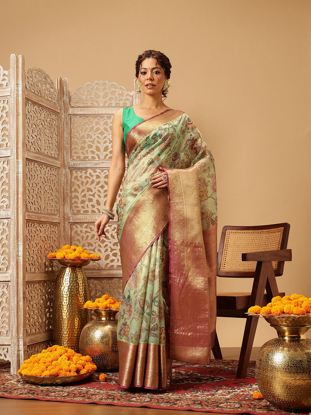 Women Green Muga Silk Digital Printed Saree With Unstitched Blouse