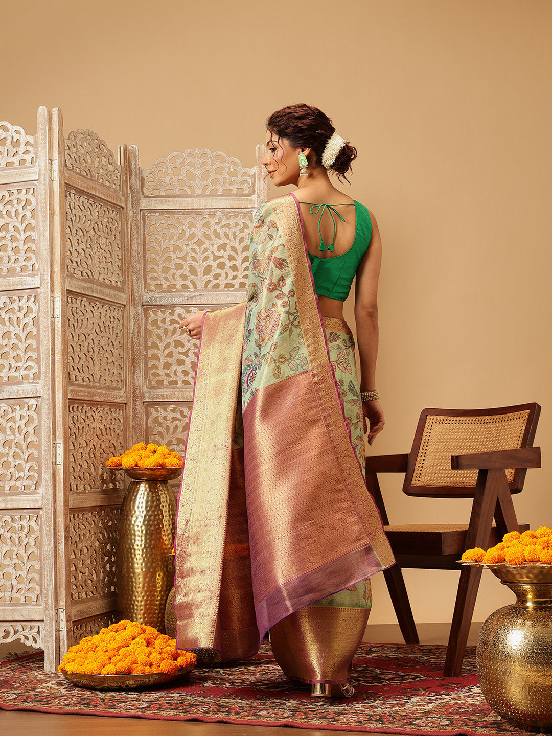 Women Green Muga Silk Digital Printed Saree With Unstitched Blouse