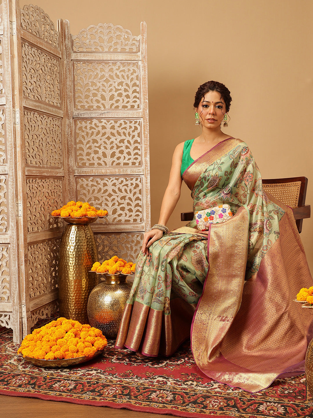 Women Green Muga Silk Digital Printed Saree With Unstitched Blouse