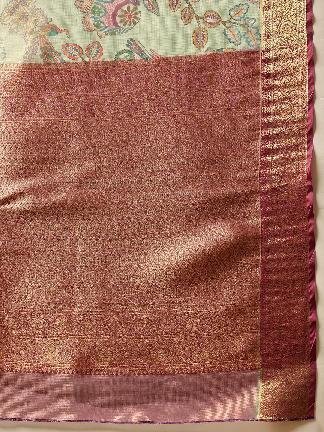 Women Green Muga Silk Digital Printed Saree With Unstitched Blouse