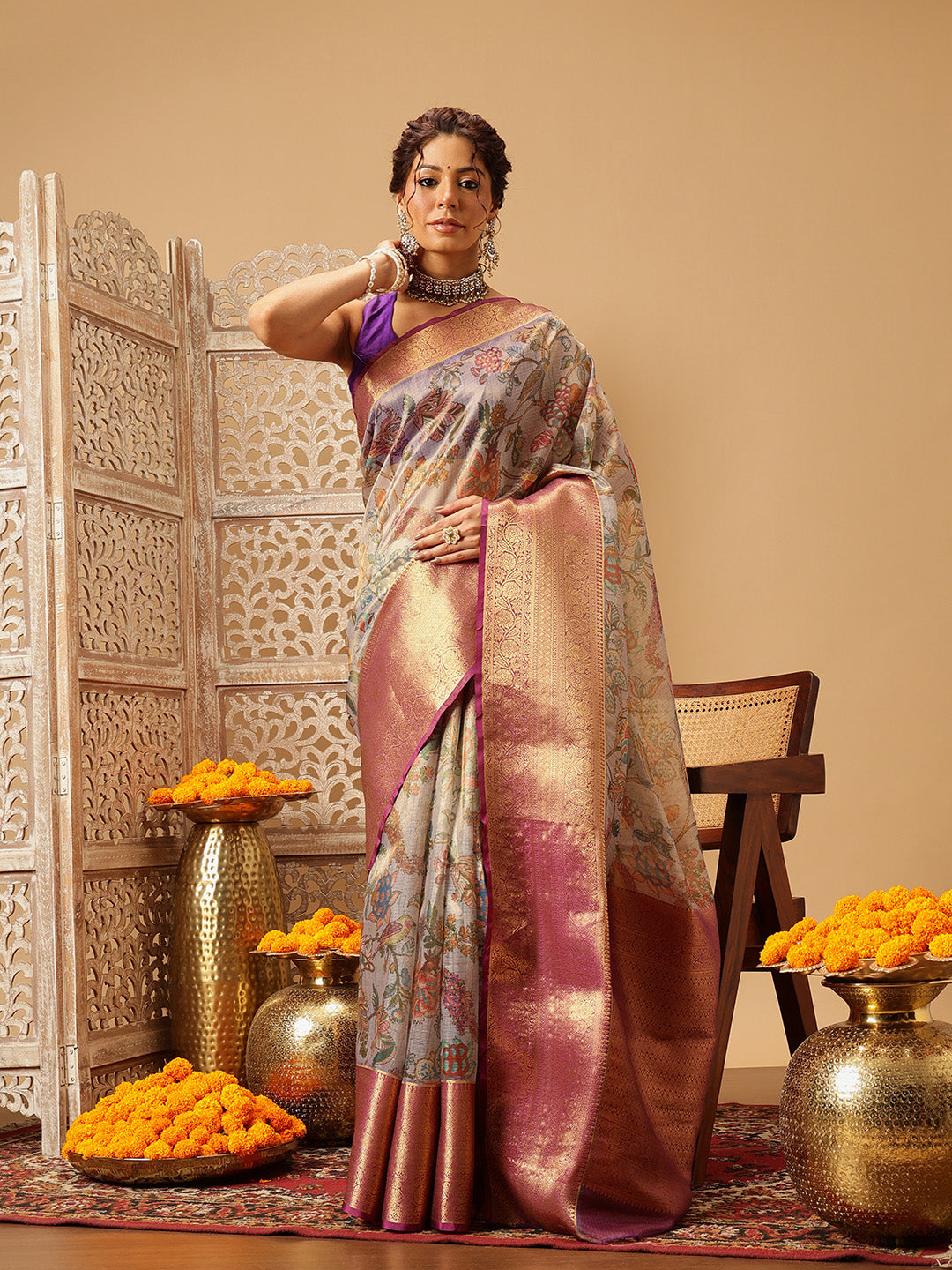 Women Lavender Muga Silk Digital Printed Saree With Unstitched Blouse