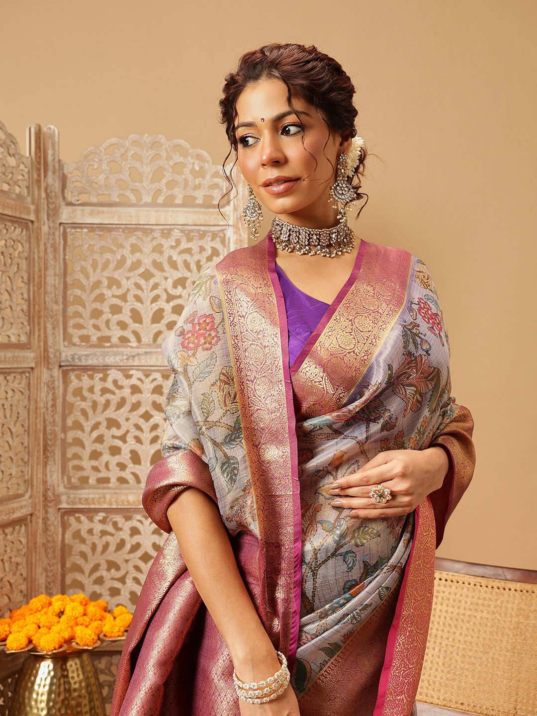 Women Lavender Muga Silk Digital Printed Saree With Unstitched Blouse