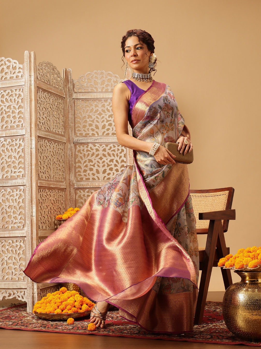Women Lavender Muga Silk Digital Printed Saree With Unstitched Blouse