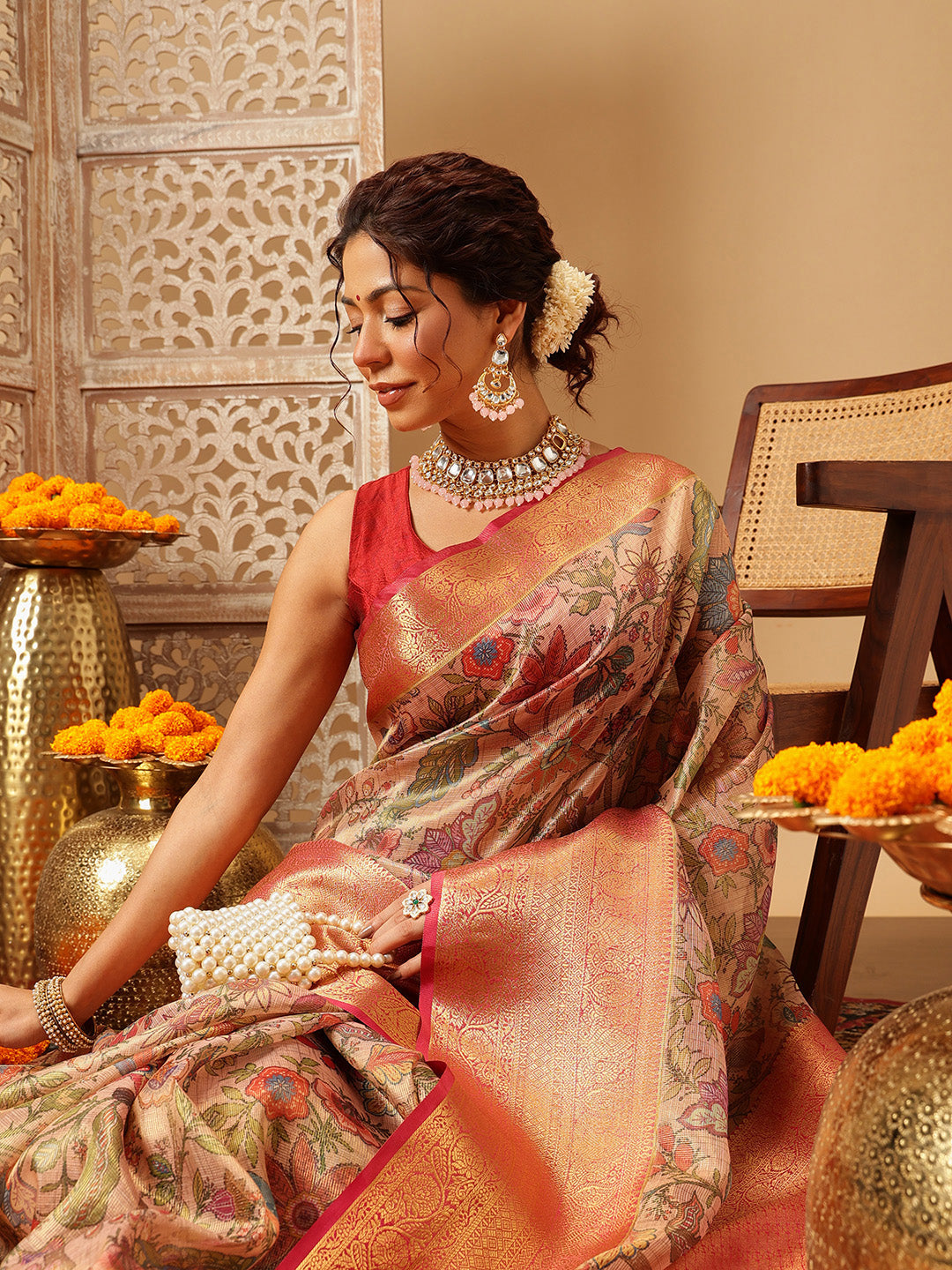 Women Peach Muga Silk Digital Printed Saree With Unstitched Blouse