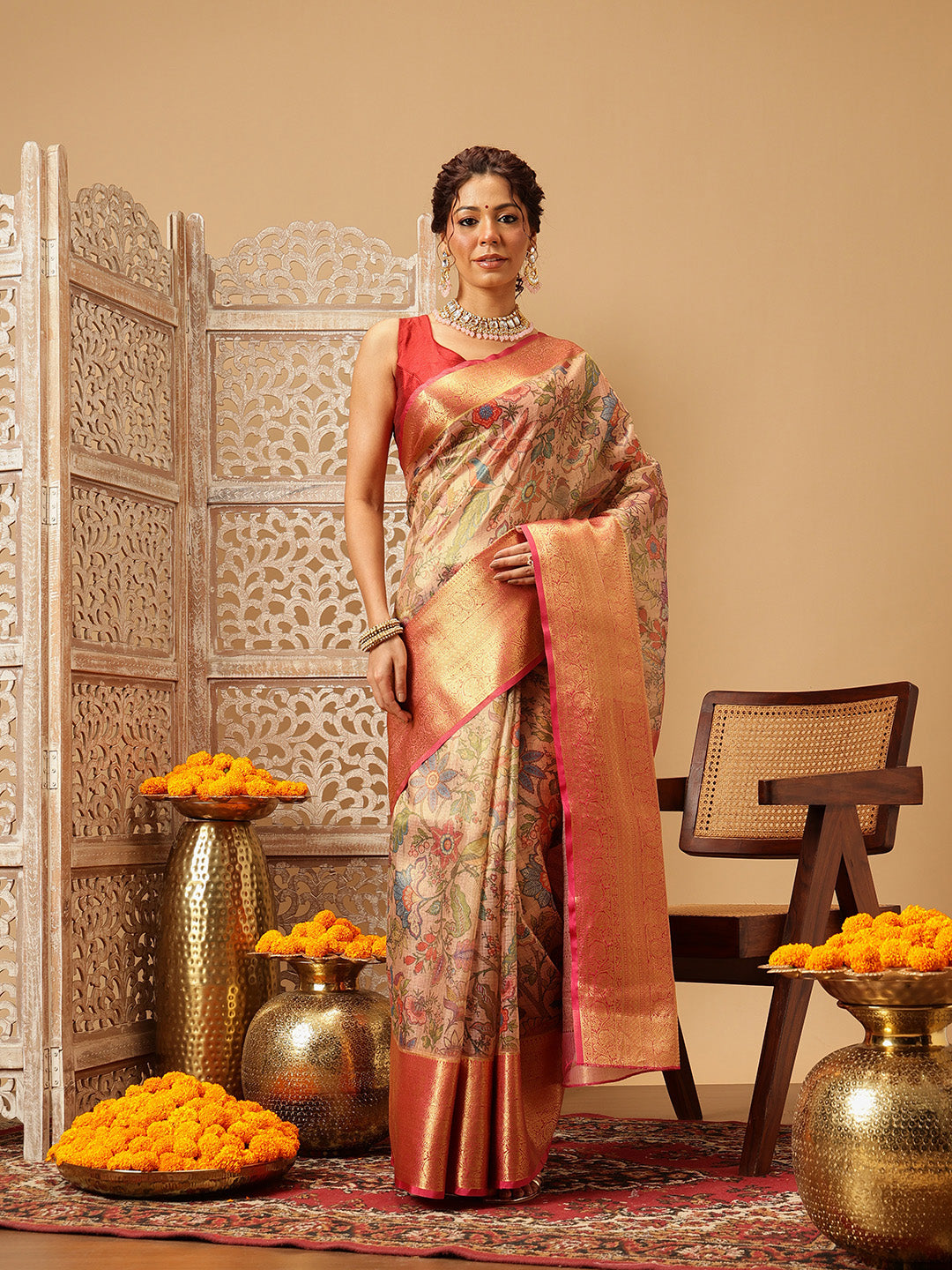 Women Peach Muga Silk Digital Printed Saree With Unstitched Blouse