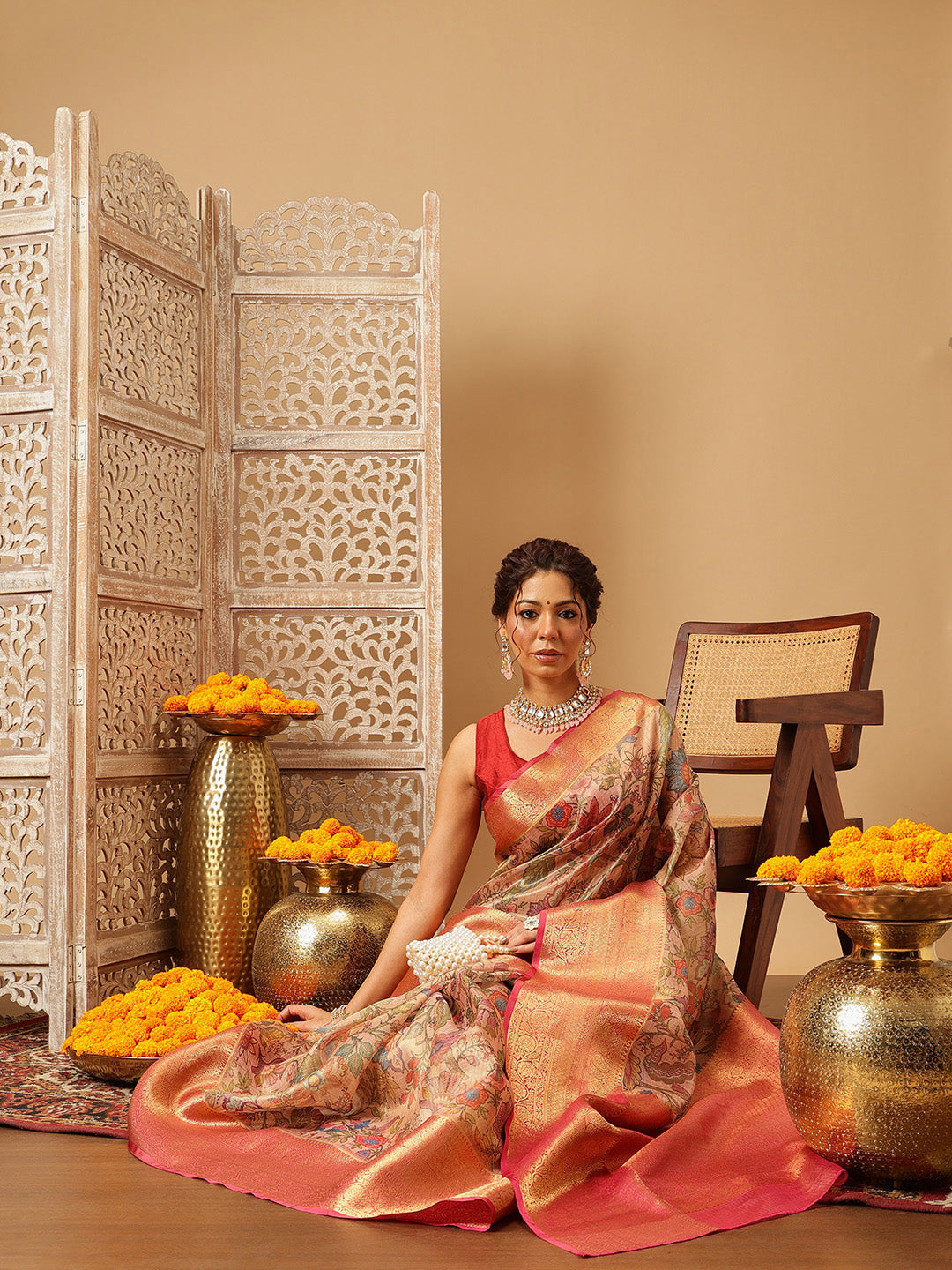 Women Peach Muga Silk Digital Printed Saree With Unstitched Blouse