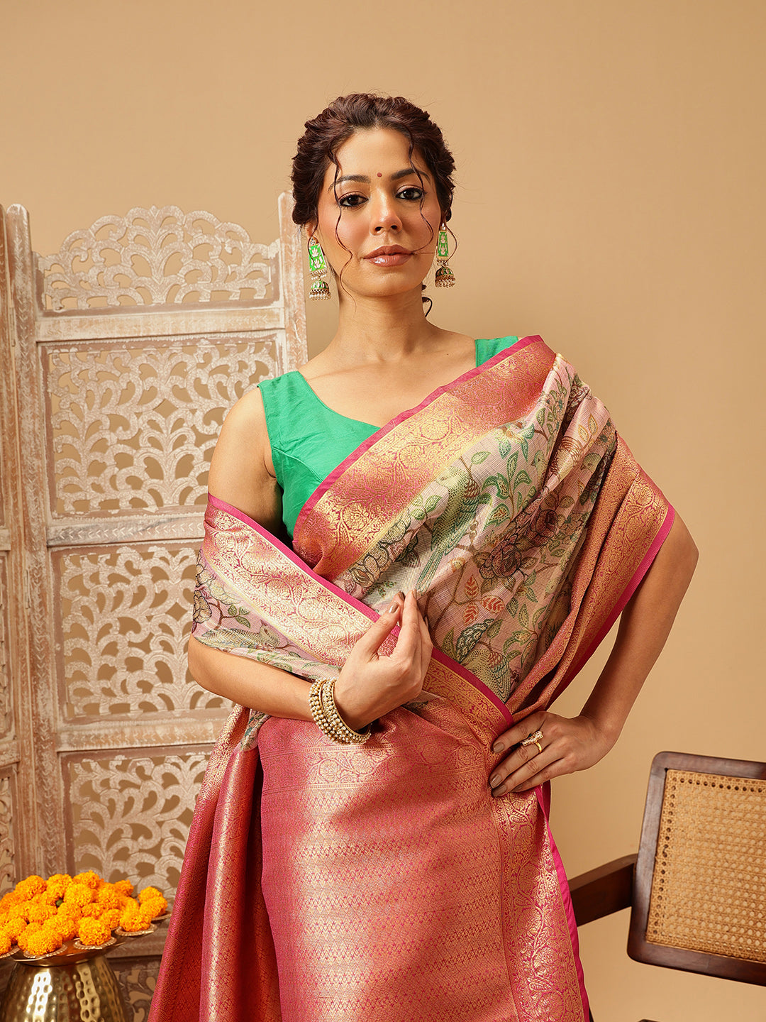 Women Pink Muga Silk Digital Printed Saree With Unstitched Blouse