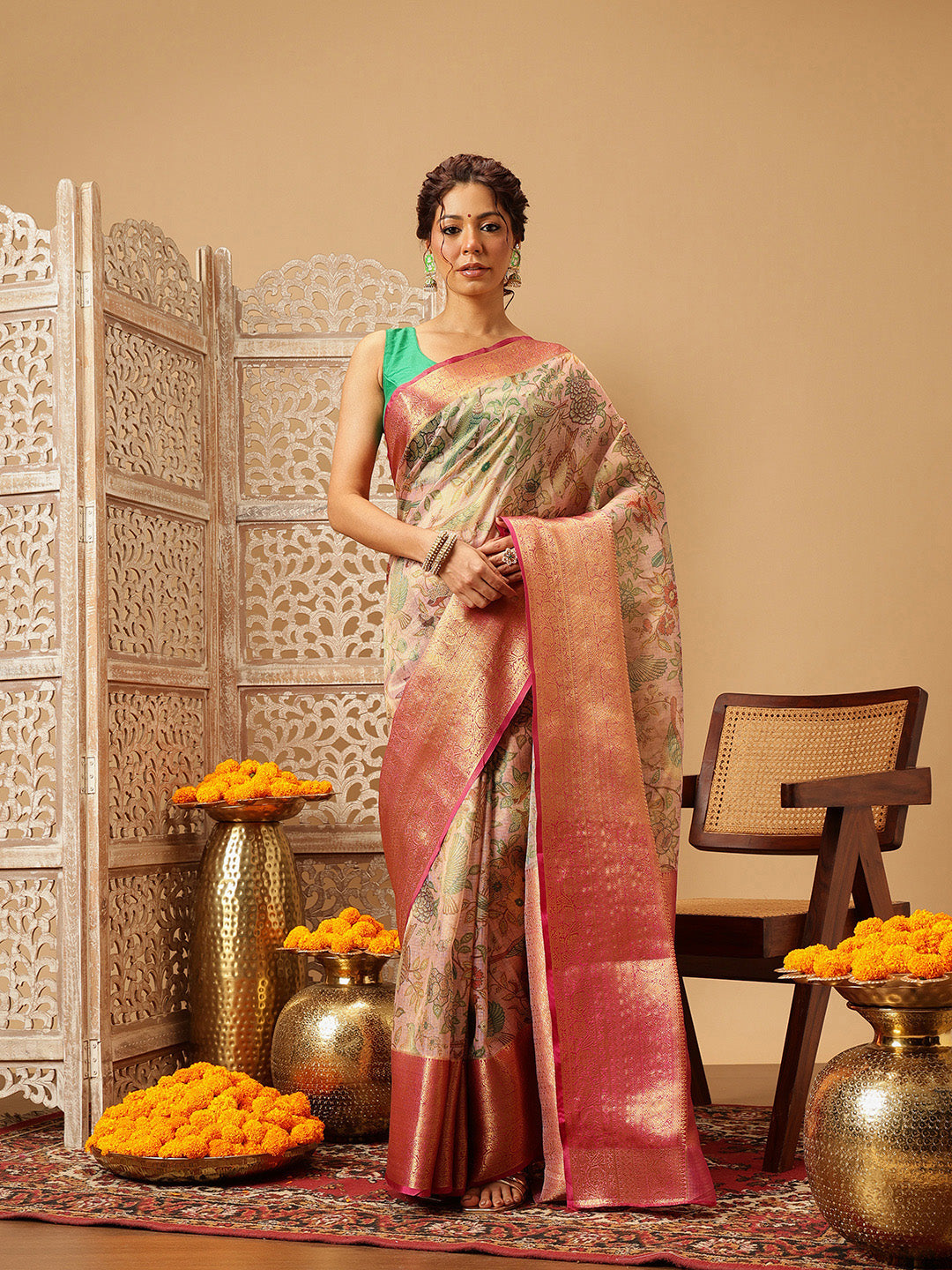 Women Pink Muga Silk Digital Printed Saree With Unstitched Blouse