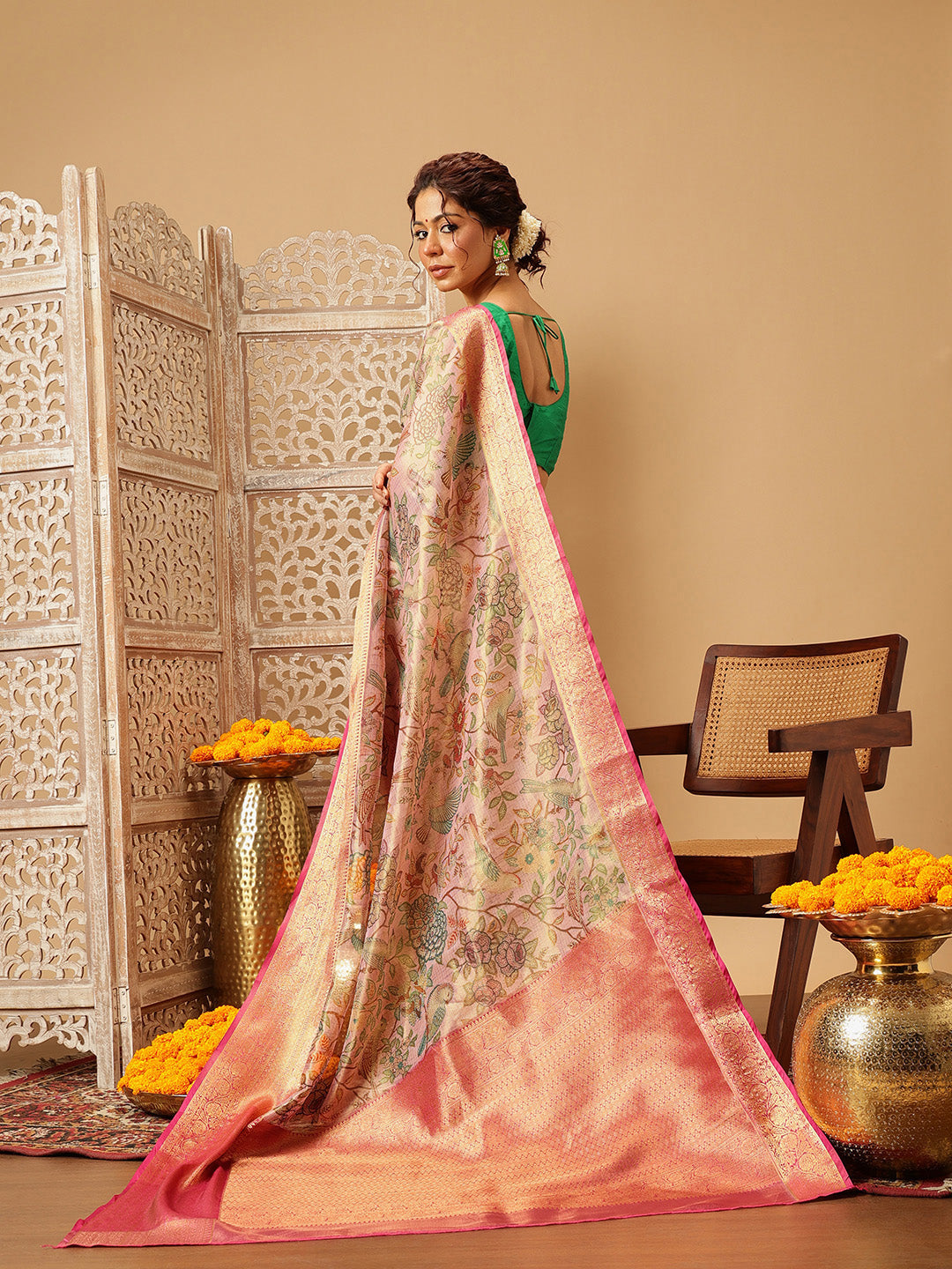 Women Pink Muga Silk Digital Printed Saree With Unstitched Blouse