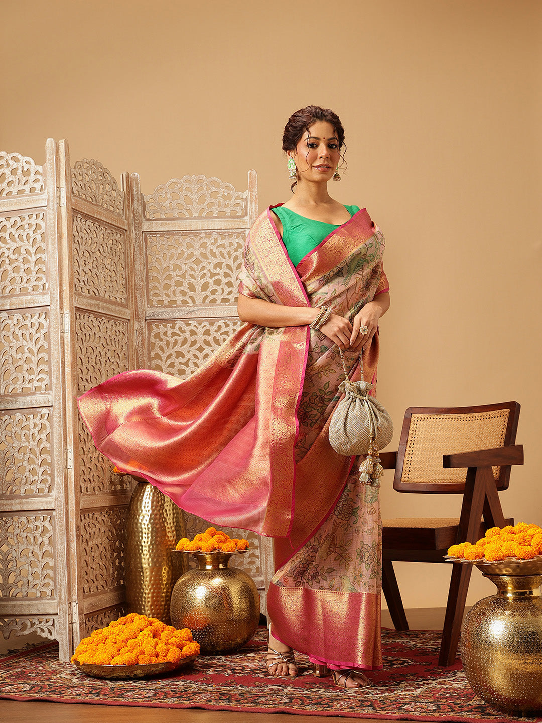 Women Pink Muga Silk Digital Printed Saree With Unstitched Blouse
