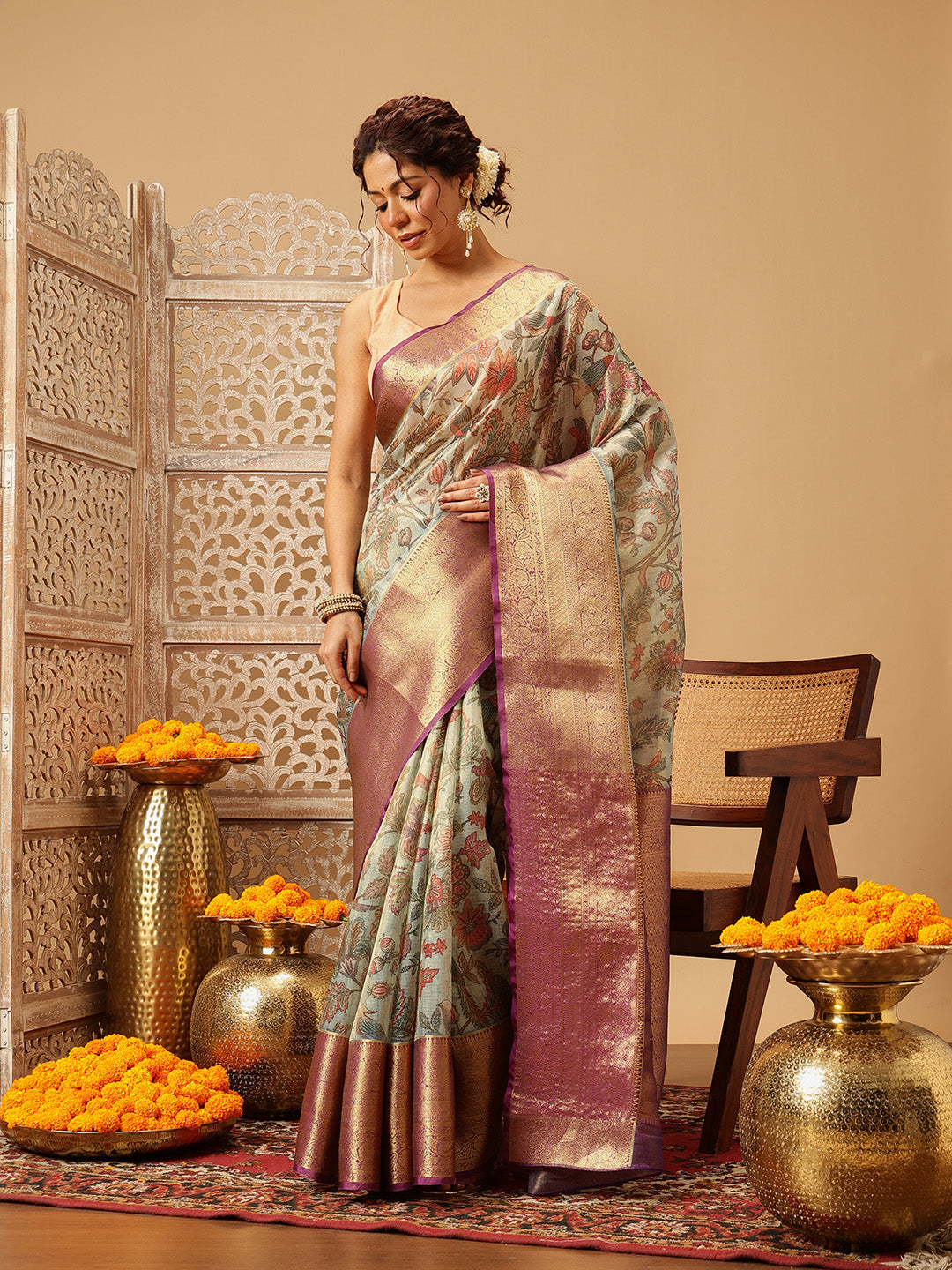 Women Teal Muga Silk Digital Printed Saree With Unstitched Blouse