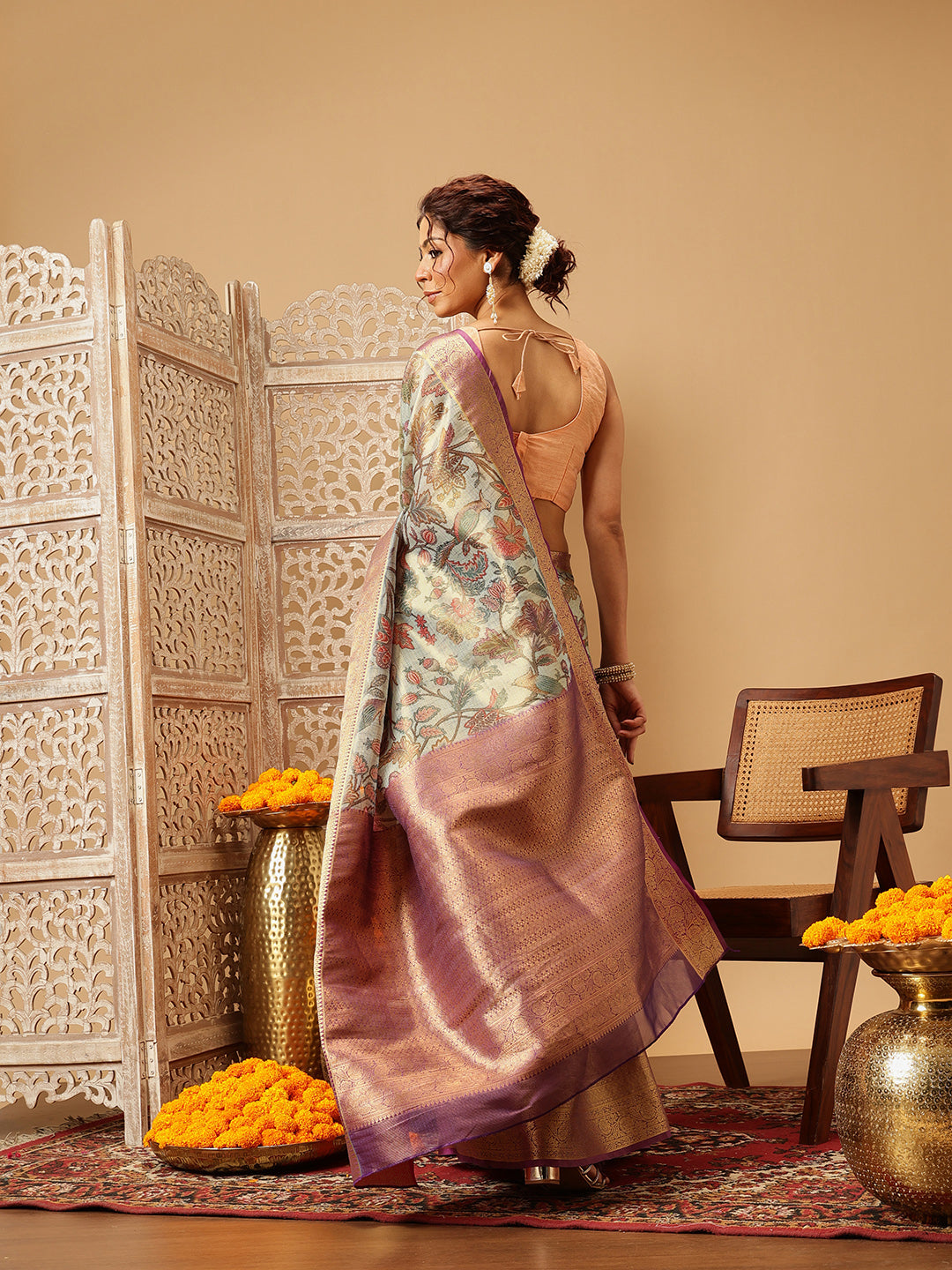 Women Teal Muga Silk Digital Printed Saree With Unstitched Blouse