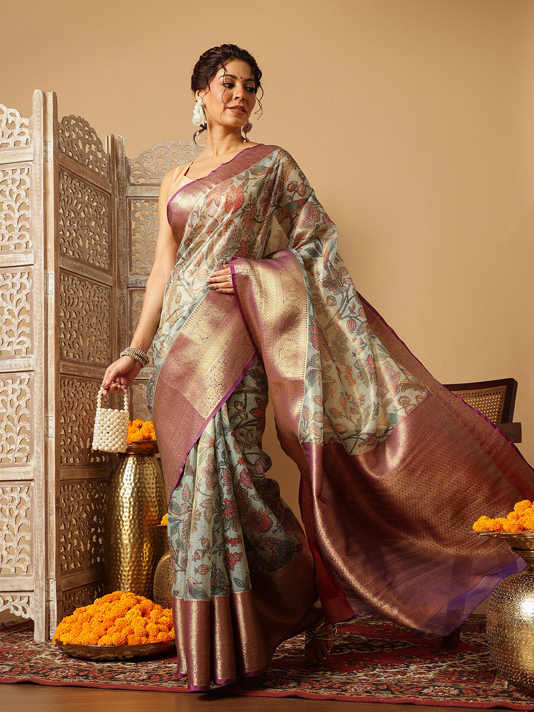 Women Teal Muga Silk Digital Printed Saree With Unstitched Blouse