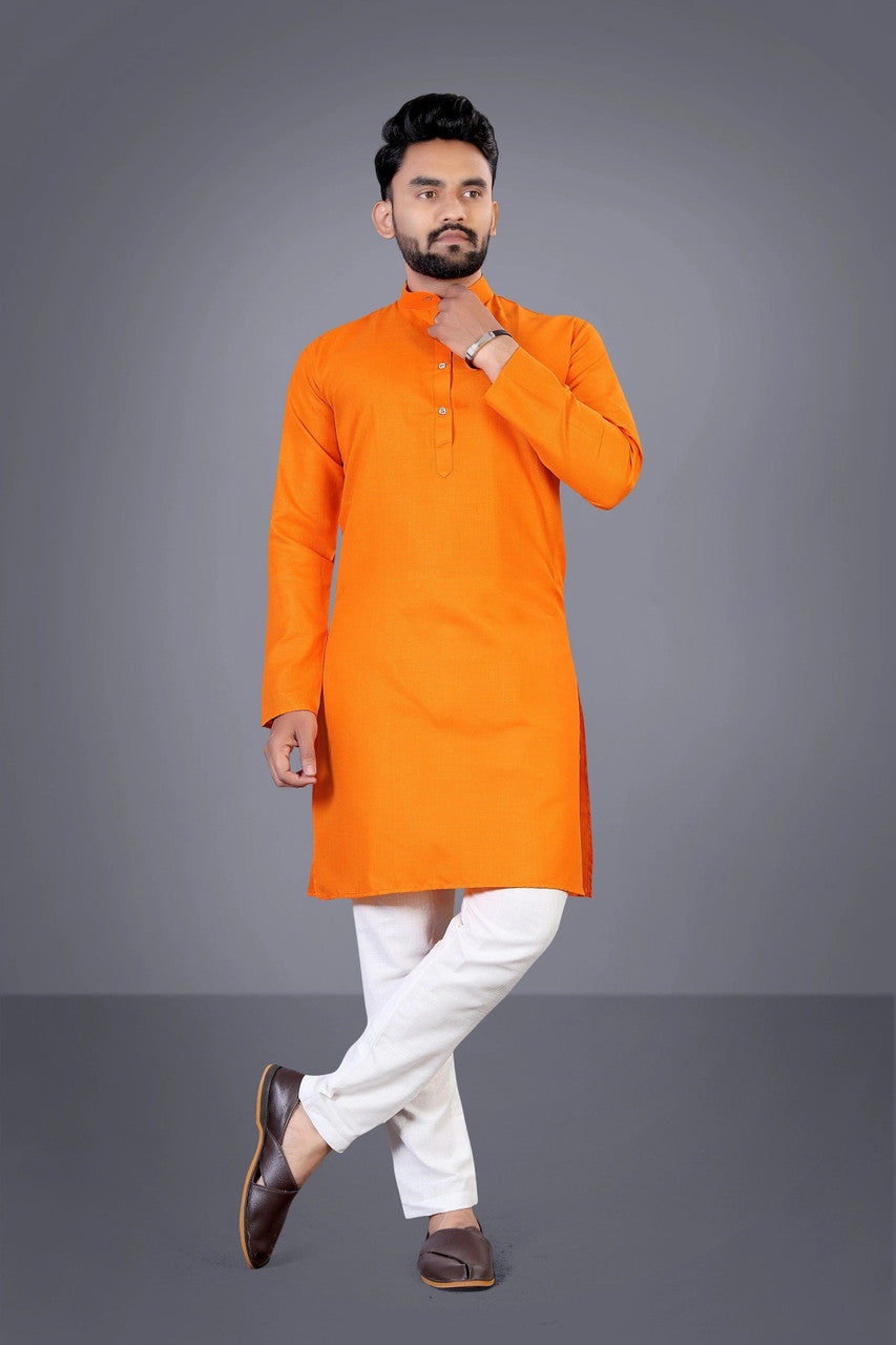 Men Solid Cotton Blend Straight Kurta  (Orange)