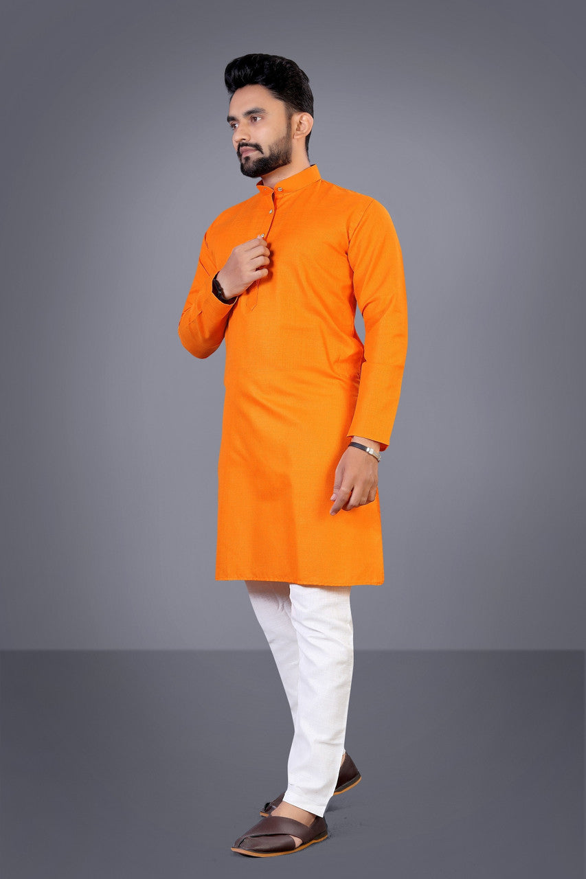 Men Solid Cotton Blend Straight Kurta  (Orange)