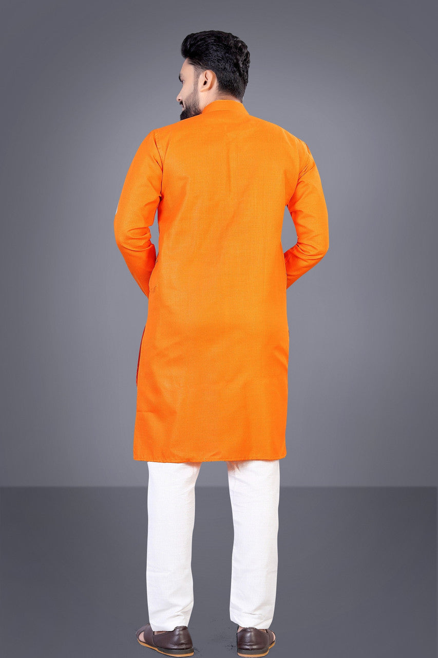 Men Solid Cotton Blend Straight Kurta  (Orange)