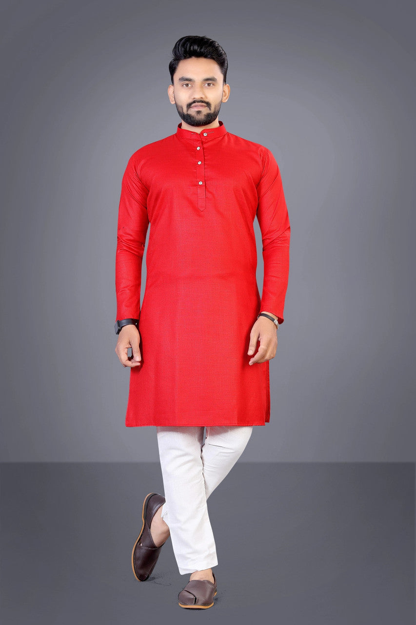 Men Solid Cotton Blend Straight Kurta  (Red)