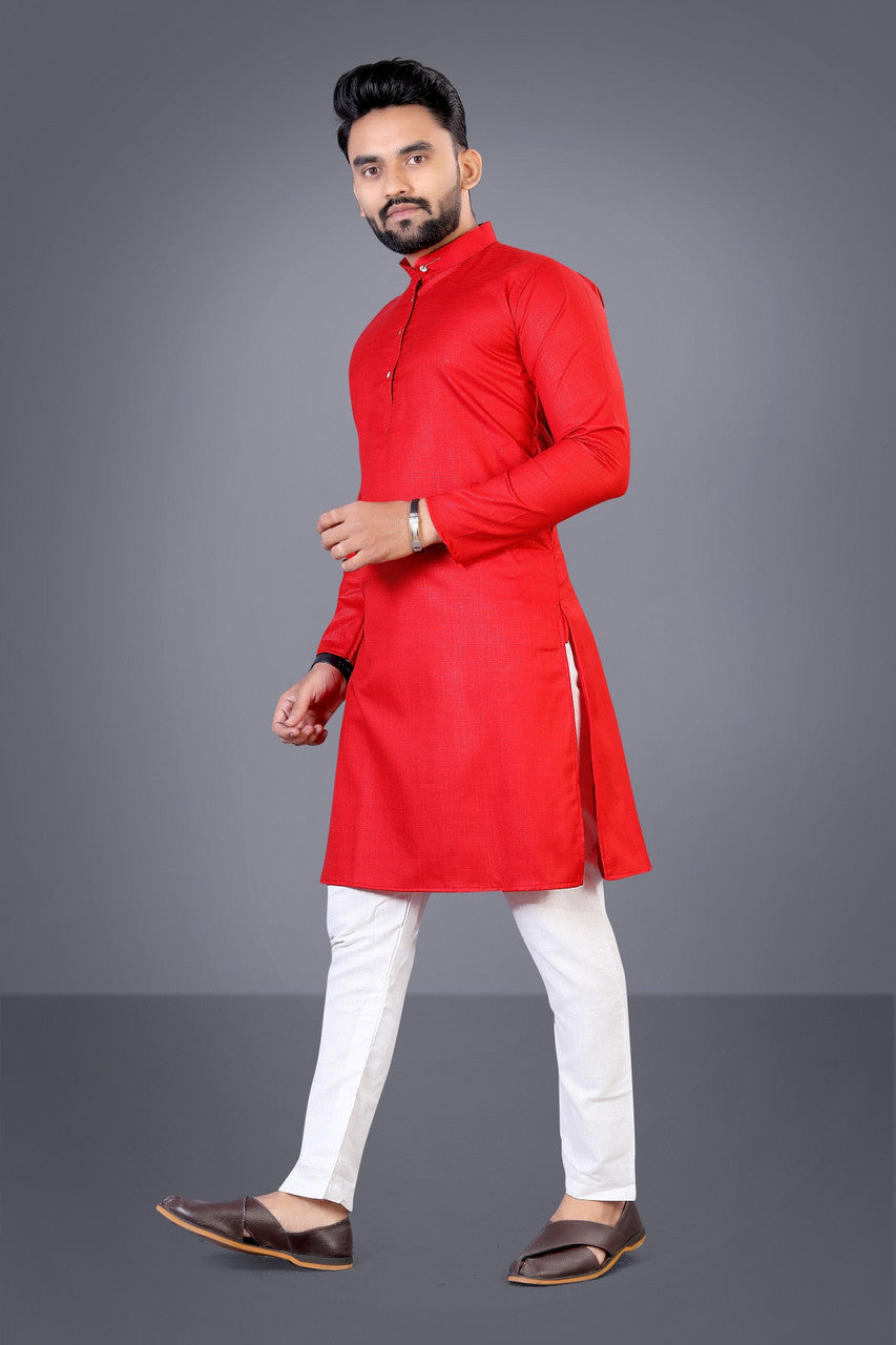 Men Solid Cotton Blend Straight Kurta  (Red)