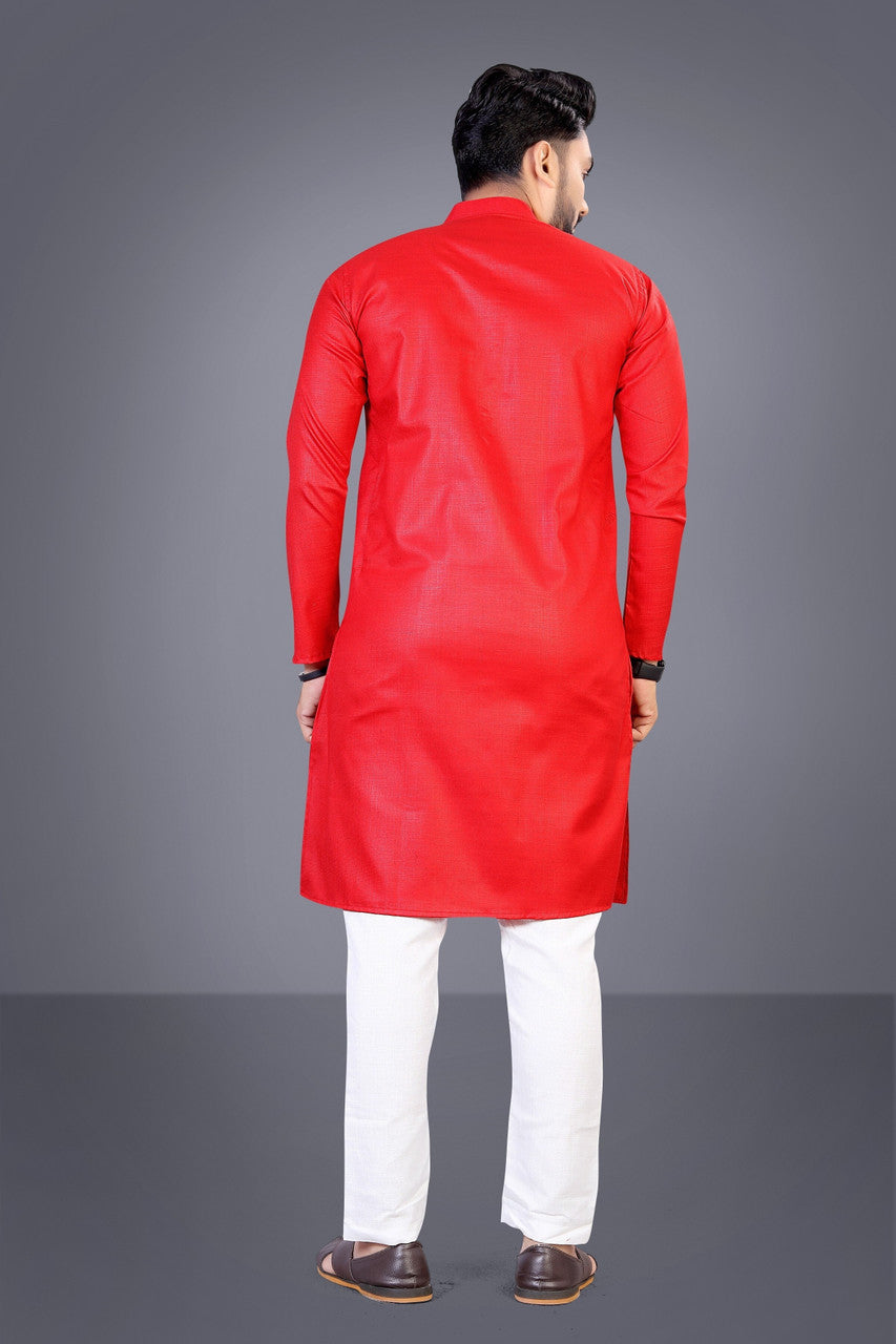 Men Solid Cotton Blend Straight Kurta  (Red)