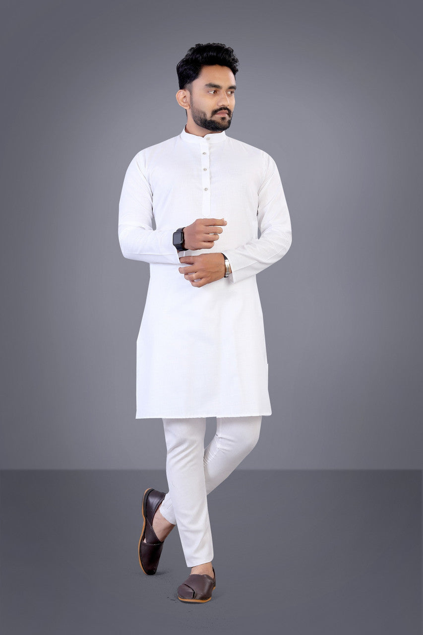 Men Solid Cotton Blend Straight Kurta  (White)