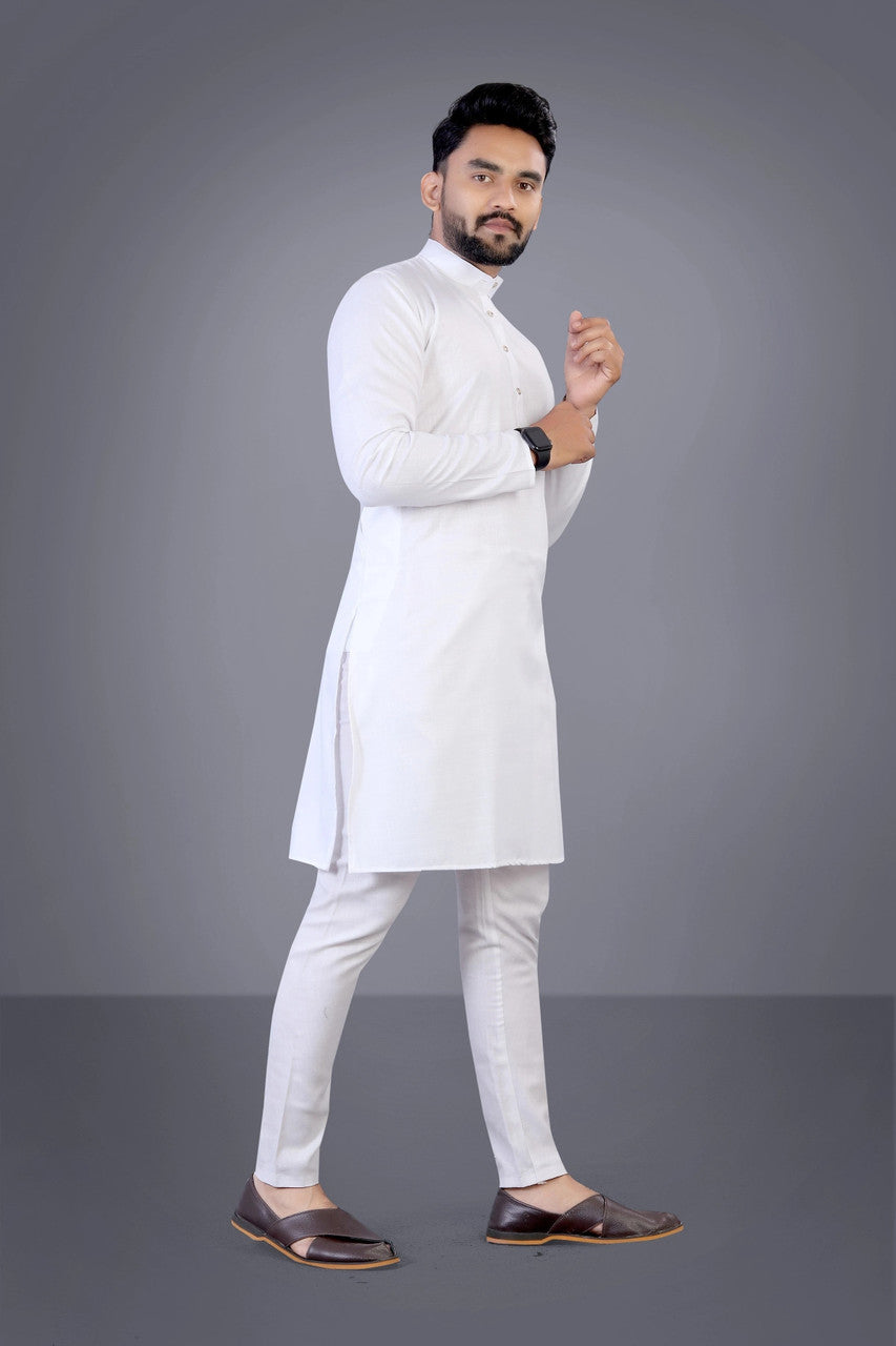 Men Solid Cotton Blend Straight Kurta  (White)