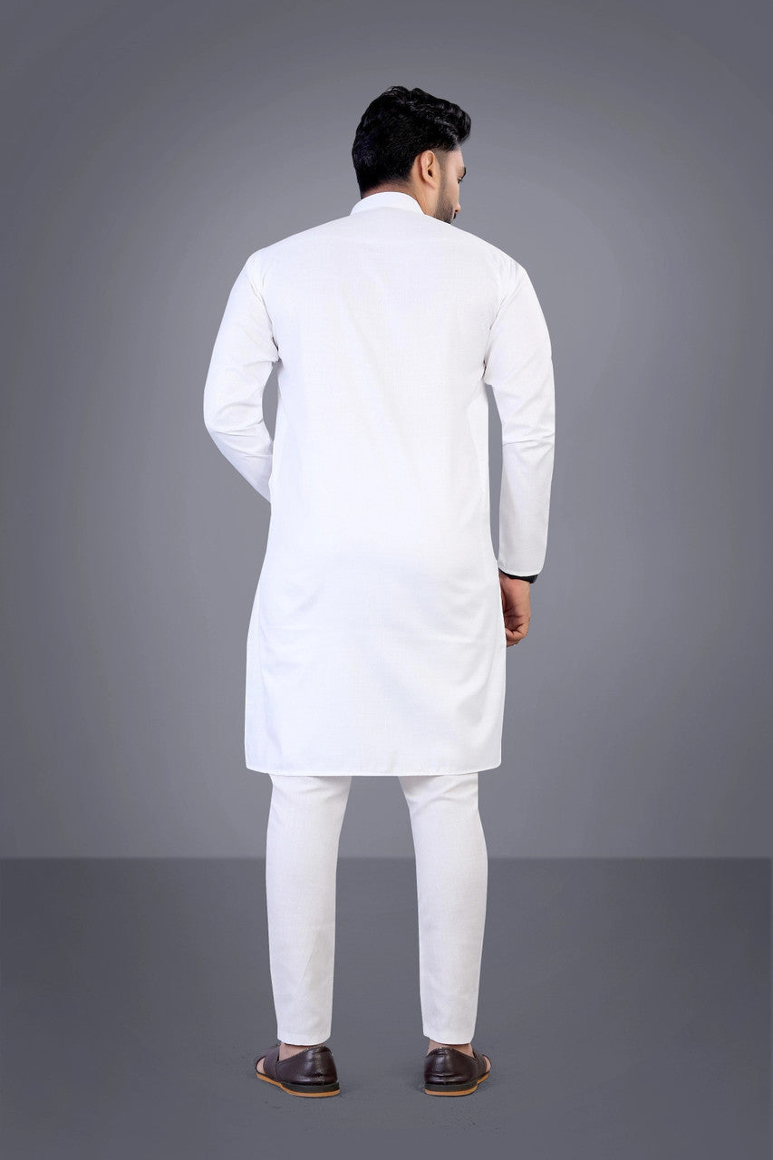 Men Solid Cotton Blend Straight Kurta  (White)
