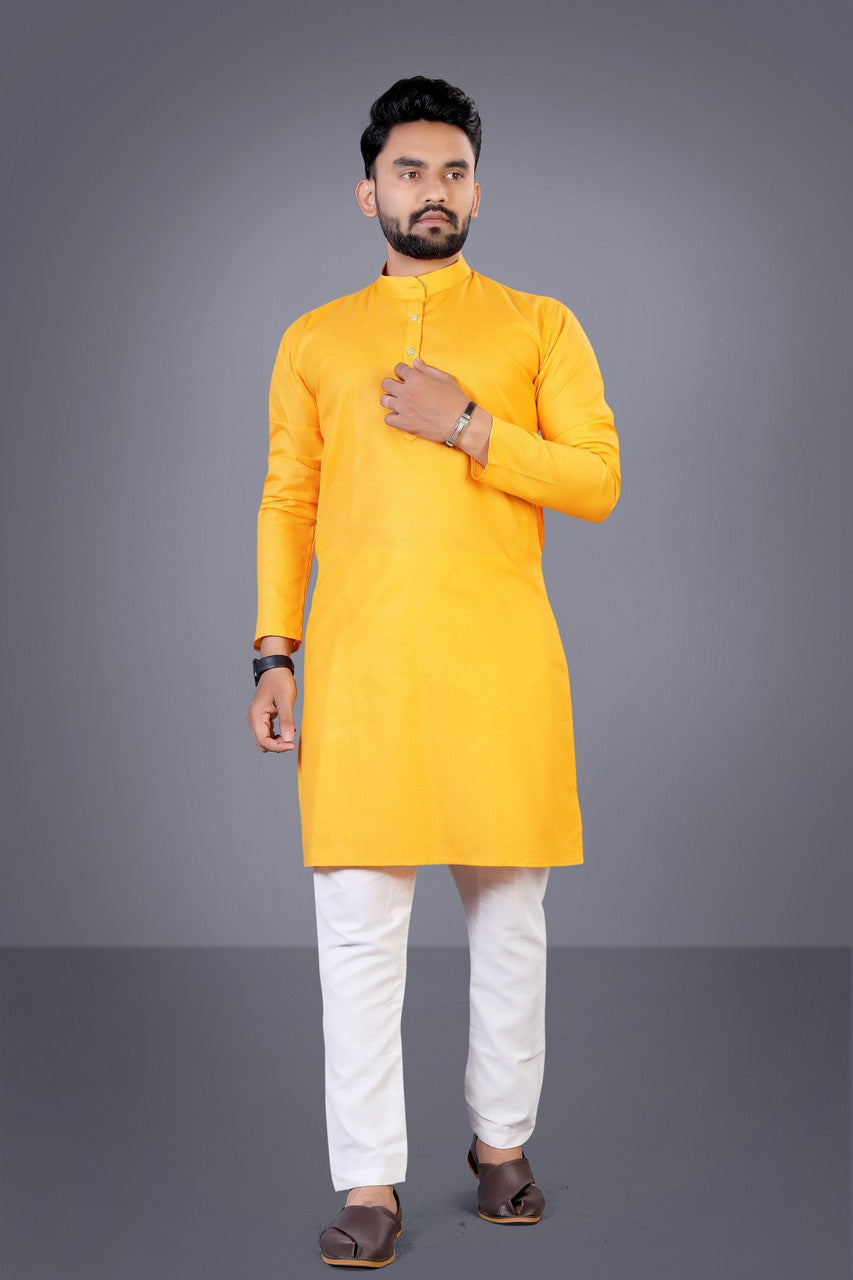 Men Solid Cotton Blend Straight Kurta  (Yellow)