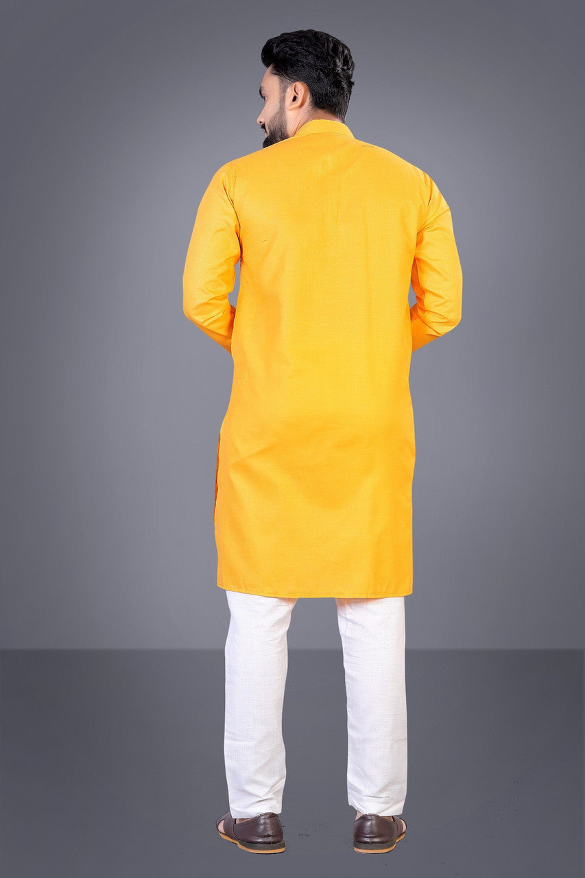 Men Solid Cotton Blend Straight Kurta  (Yellow)