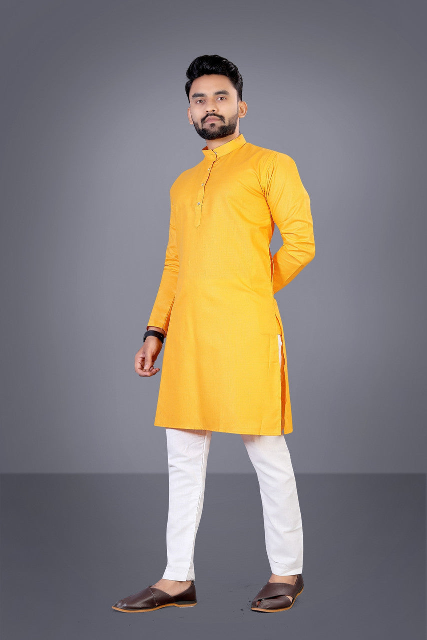 Men Solid Cotton Blend Straight Kurta  (Yellow)