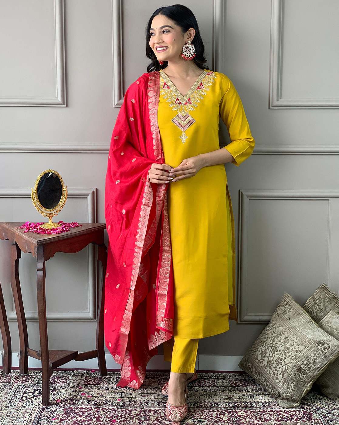 Women Party Wear Embroidery Worked Kurta With Pant And Duppata Set NOZ2TOZ - Made In INDIA.