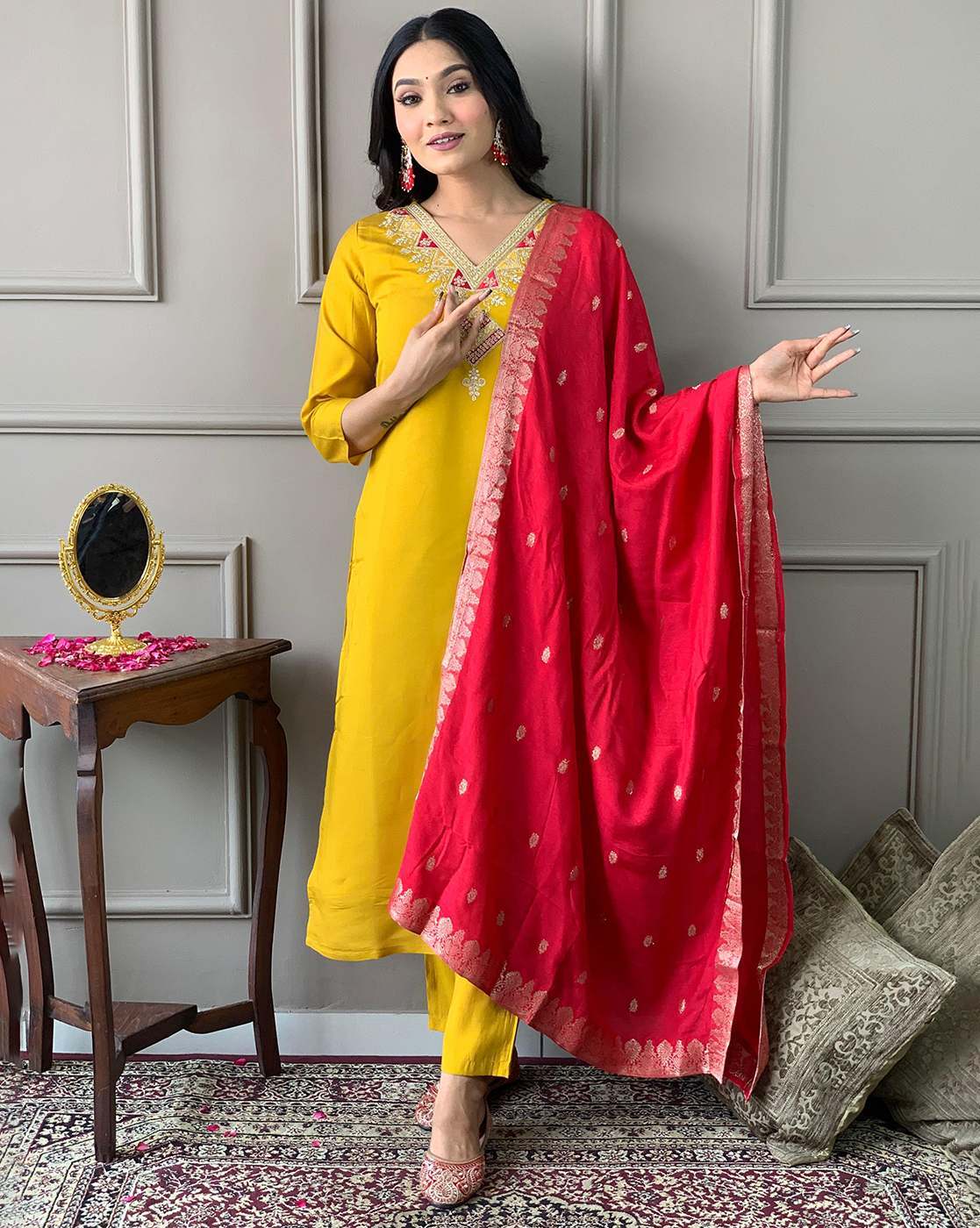 Women Party Wear Embroidery Worked Kurta With Pant And Duppata Set NOZ2TOZ - Made In INDIA.