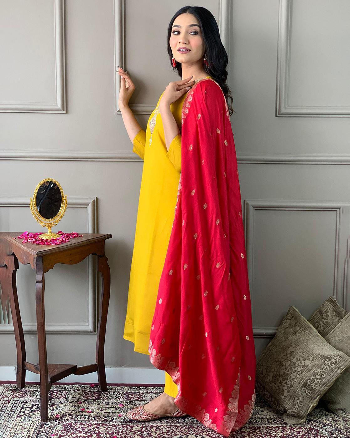 Women Party Wear Embroidery Worked Kurta With Pant And Duppata Set NOZ2TOZ - Made In INDIA.