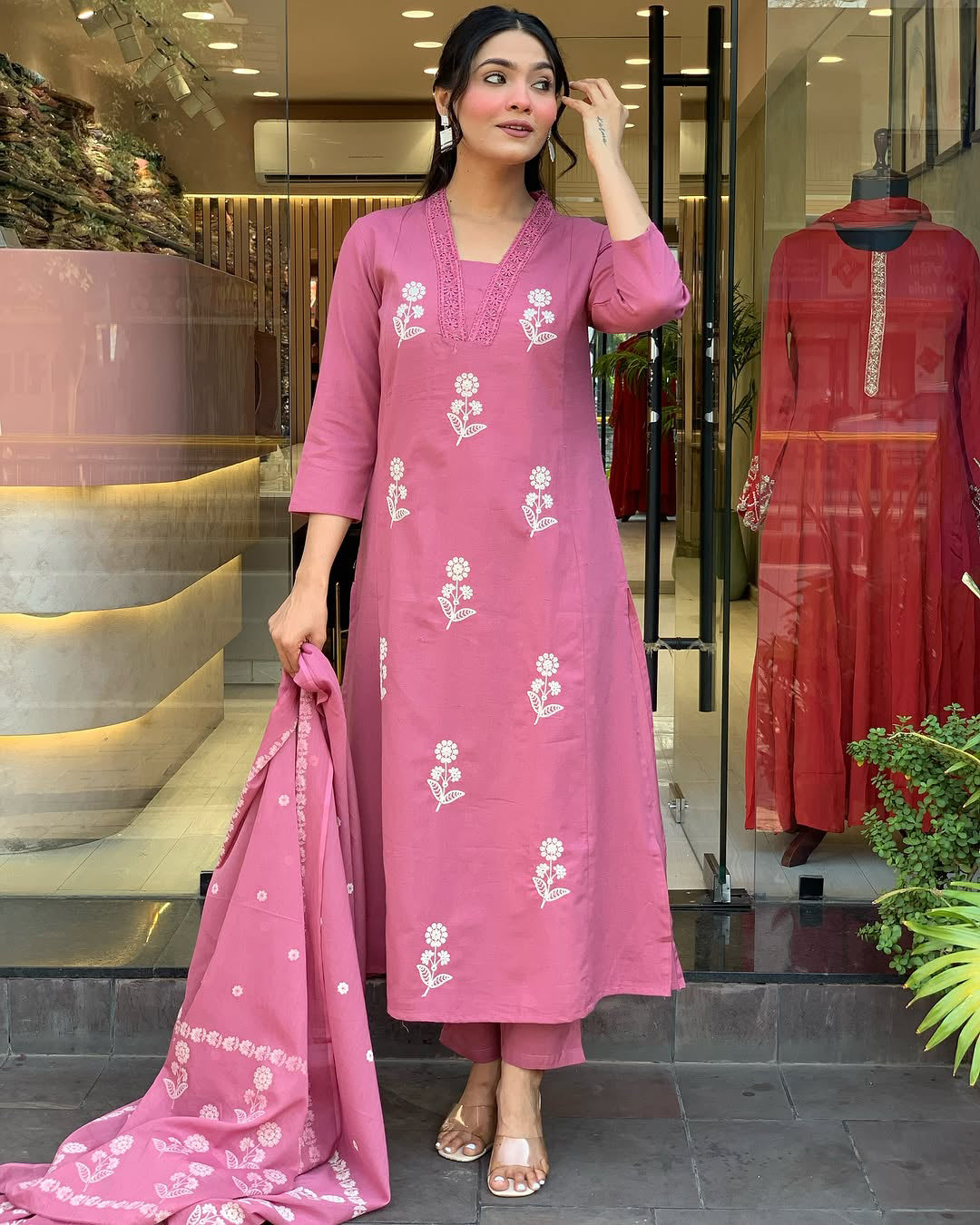 Women Embroidery Worked Kurta With Pant And Duppata Set