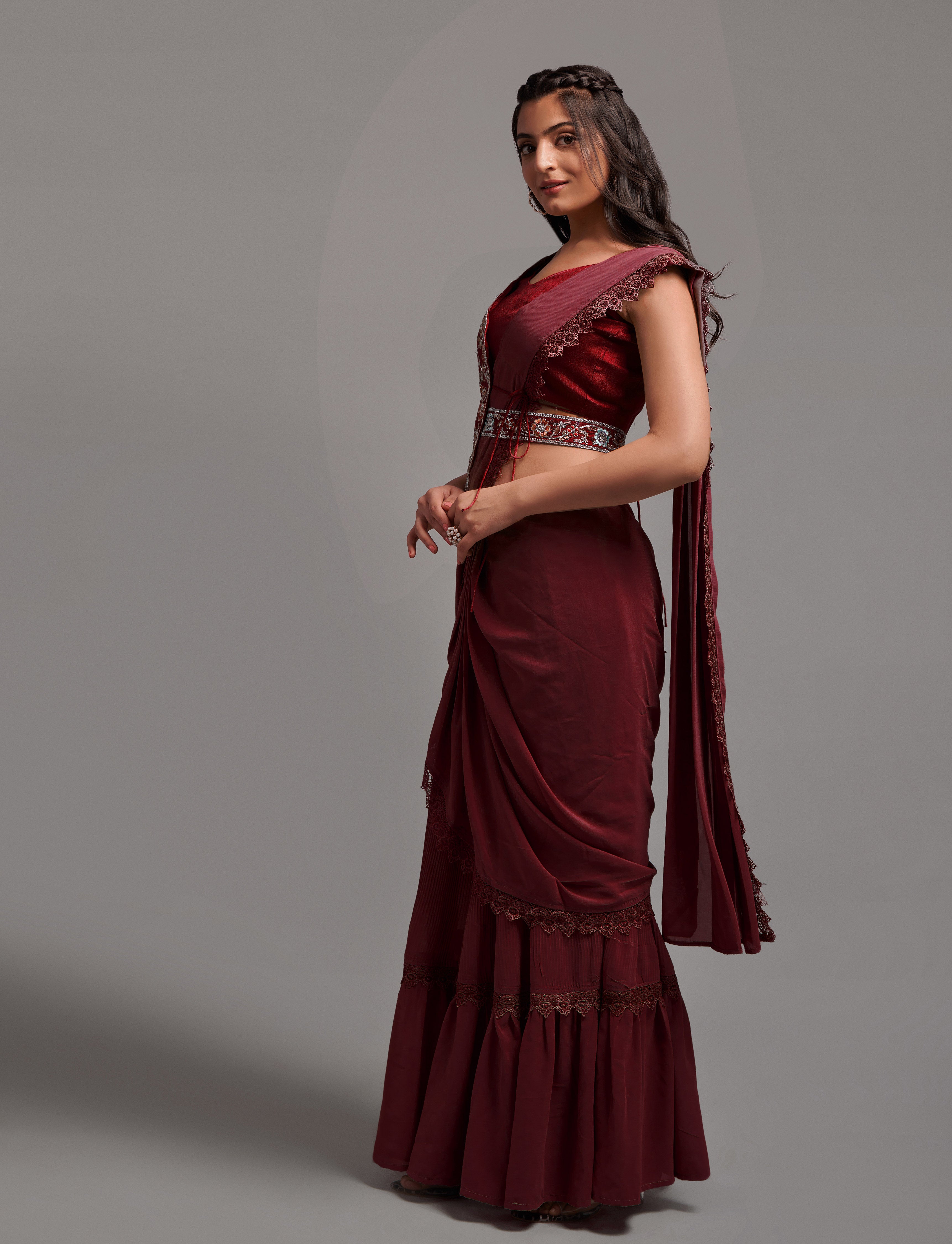 Women Wedding Wear Ready to Wear Goergette Saree with Stitched Blouse(Free Size-Up to 42)