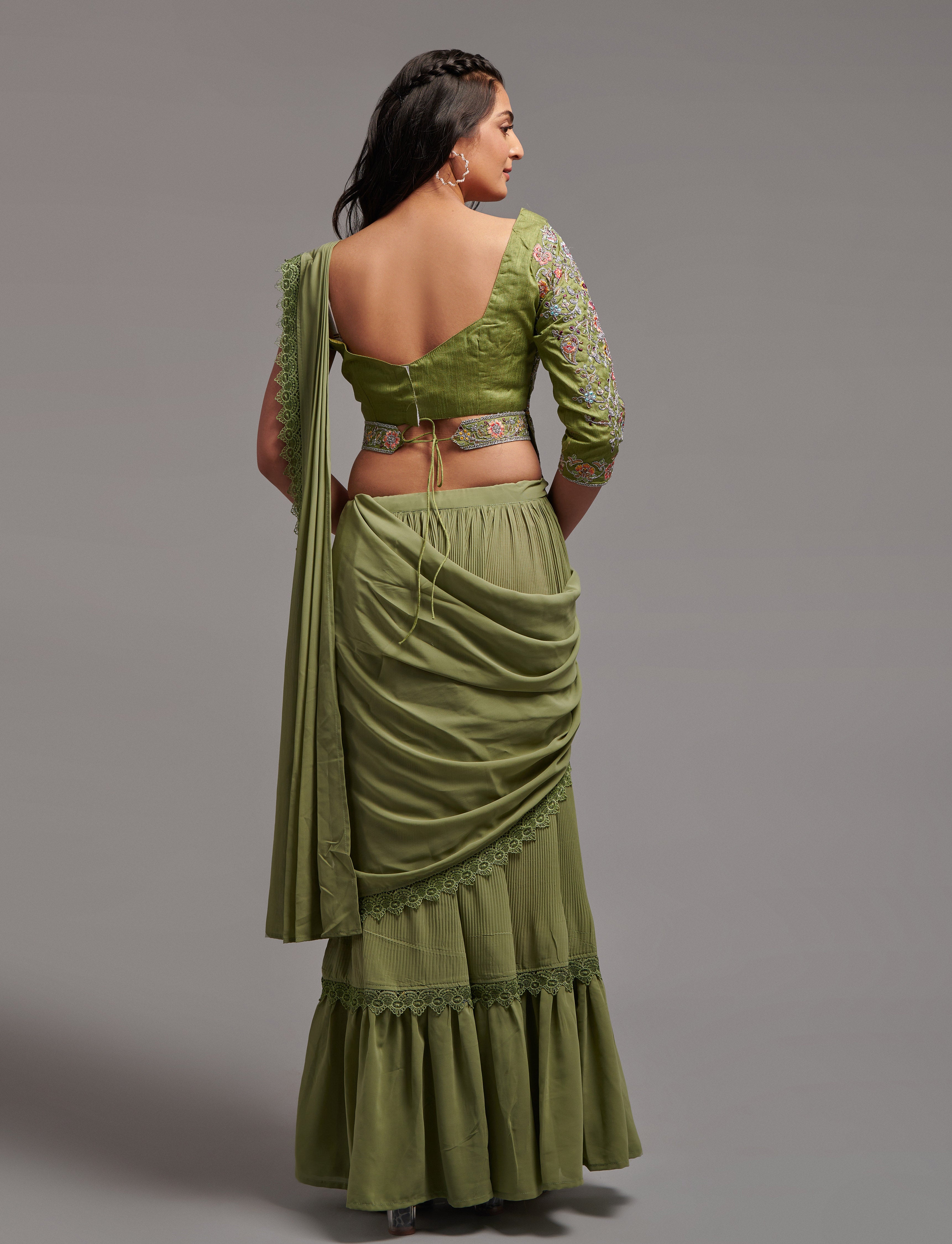 Women Wedding Wear Ready to Wear Goergette Saree with Stitched Blouse(Free Size-Up to 42)