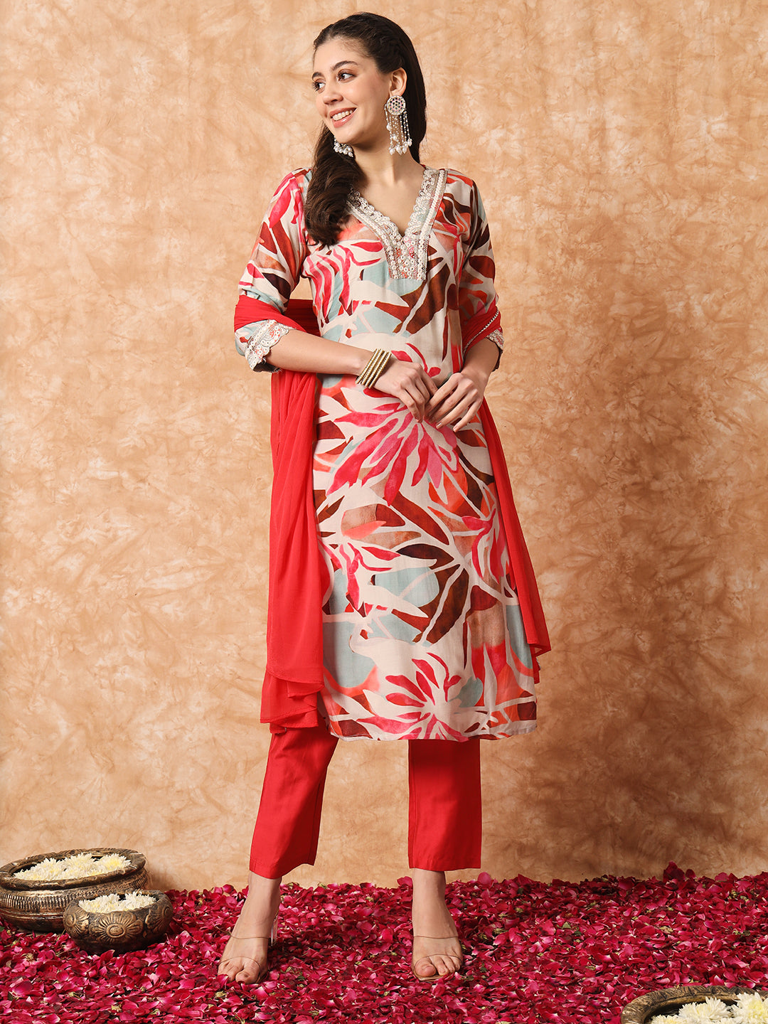 Women Party Wear Embroidery Worked Kurta With Pant And Duppata Set