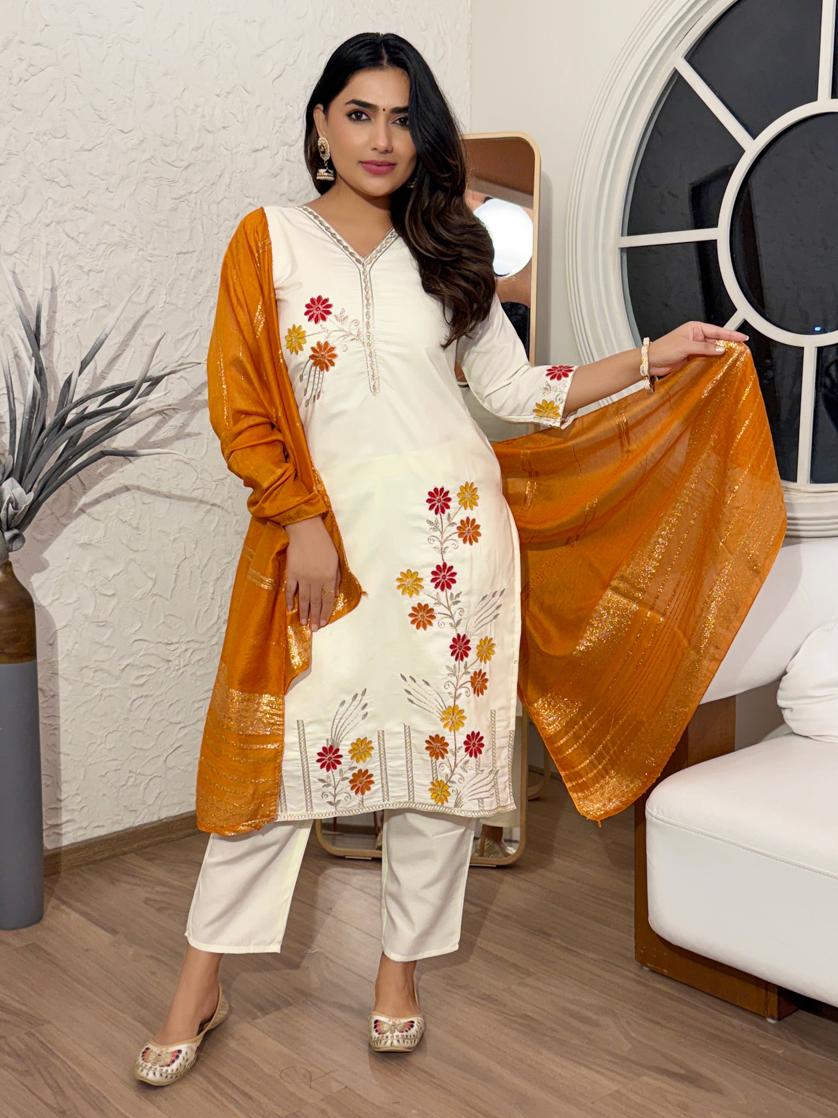 Women Embroidery Worked Kurta With Pant And Duppata Set