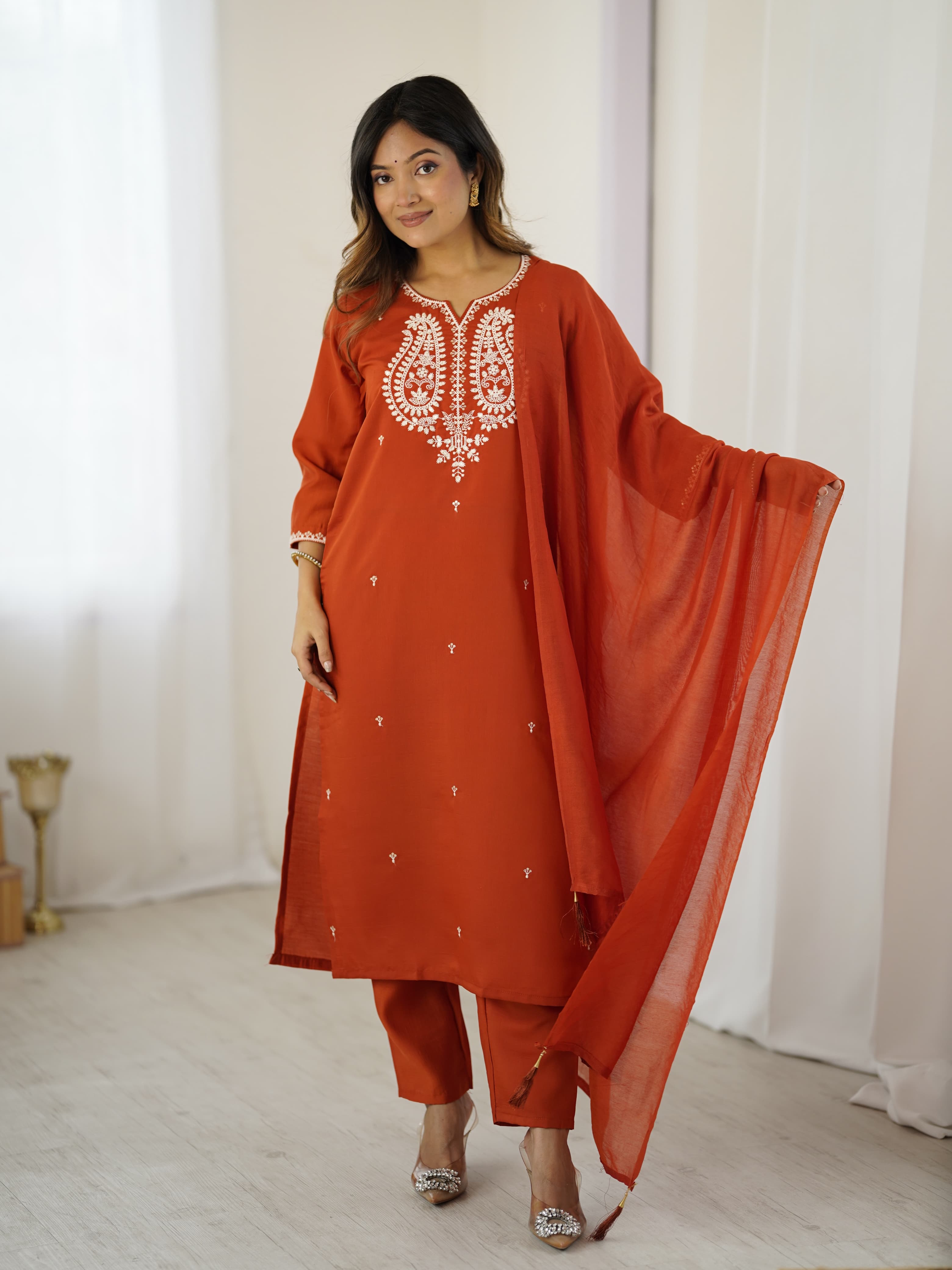 Women Embroidery Worked Kurta With Pant And Duppata Set