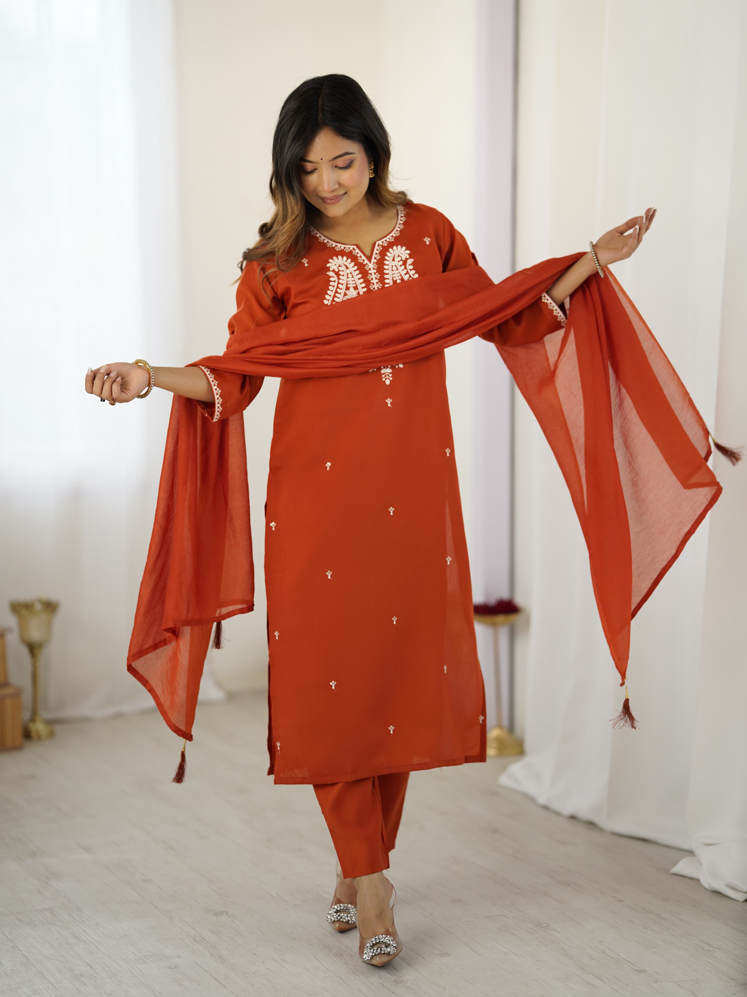 Women Embroidery Worked Kurta With Pant And Duppata Set