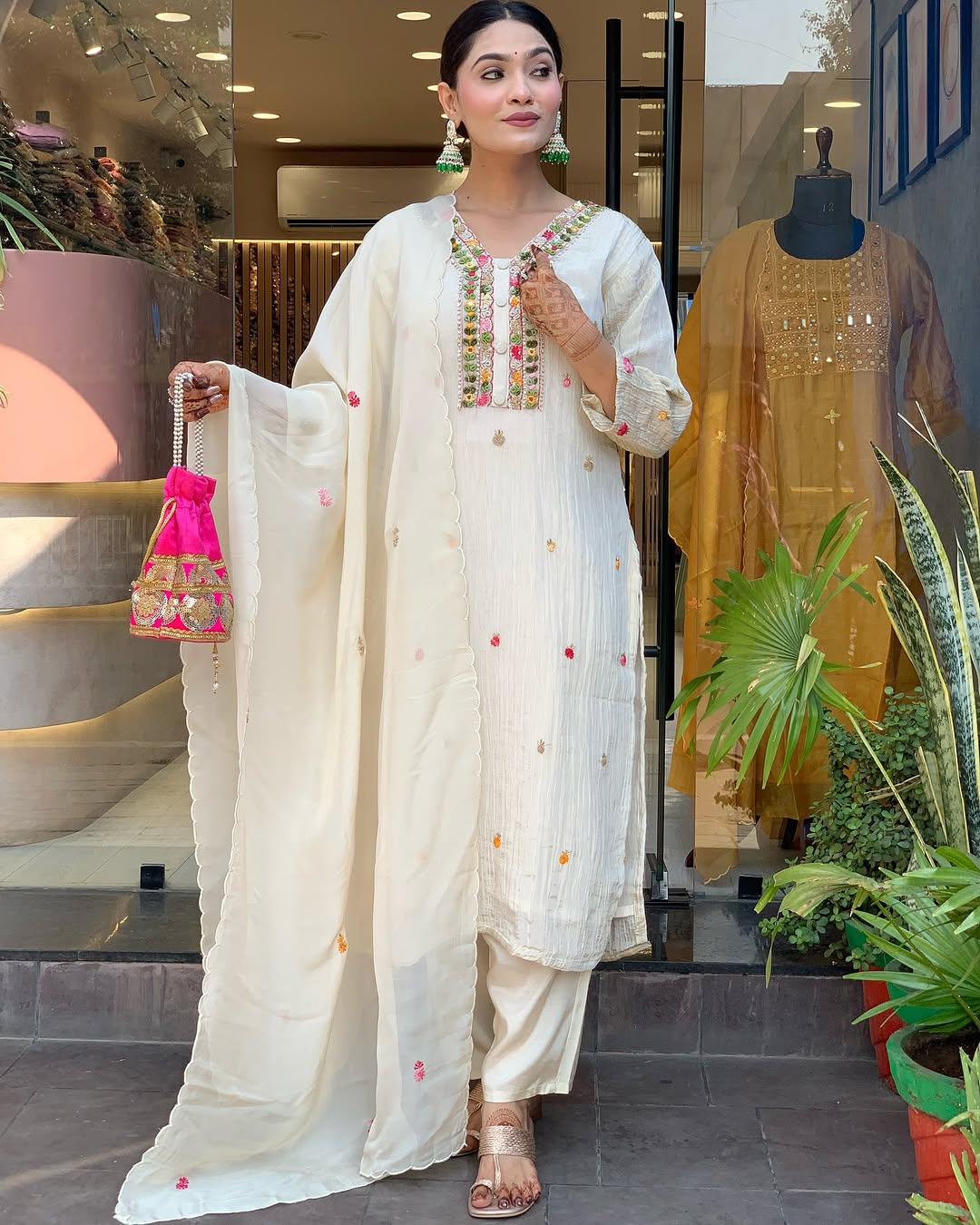 Women Embroidery Worked Kurta With Pant And Duppata Set
