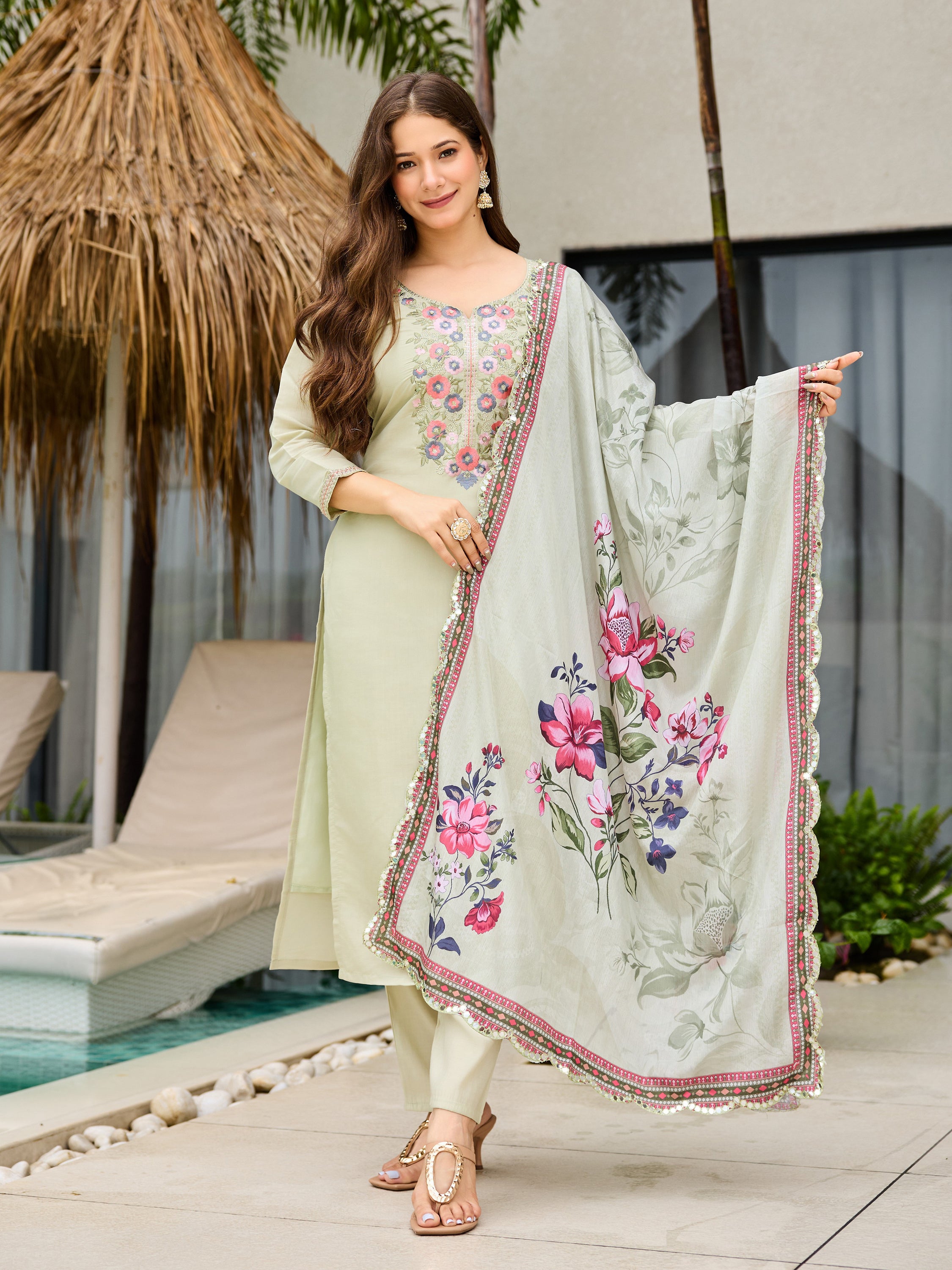 Women Embroidery Worked Kurta With Pant And Duppata Set