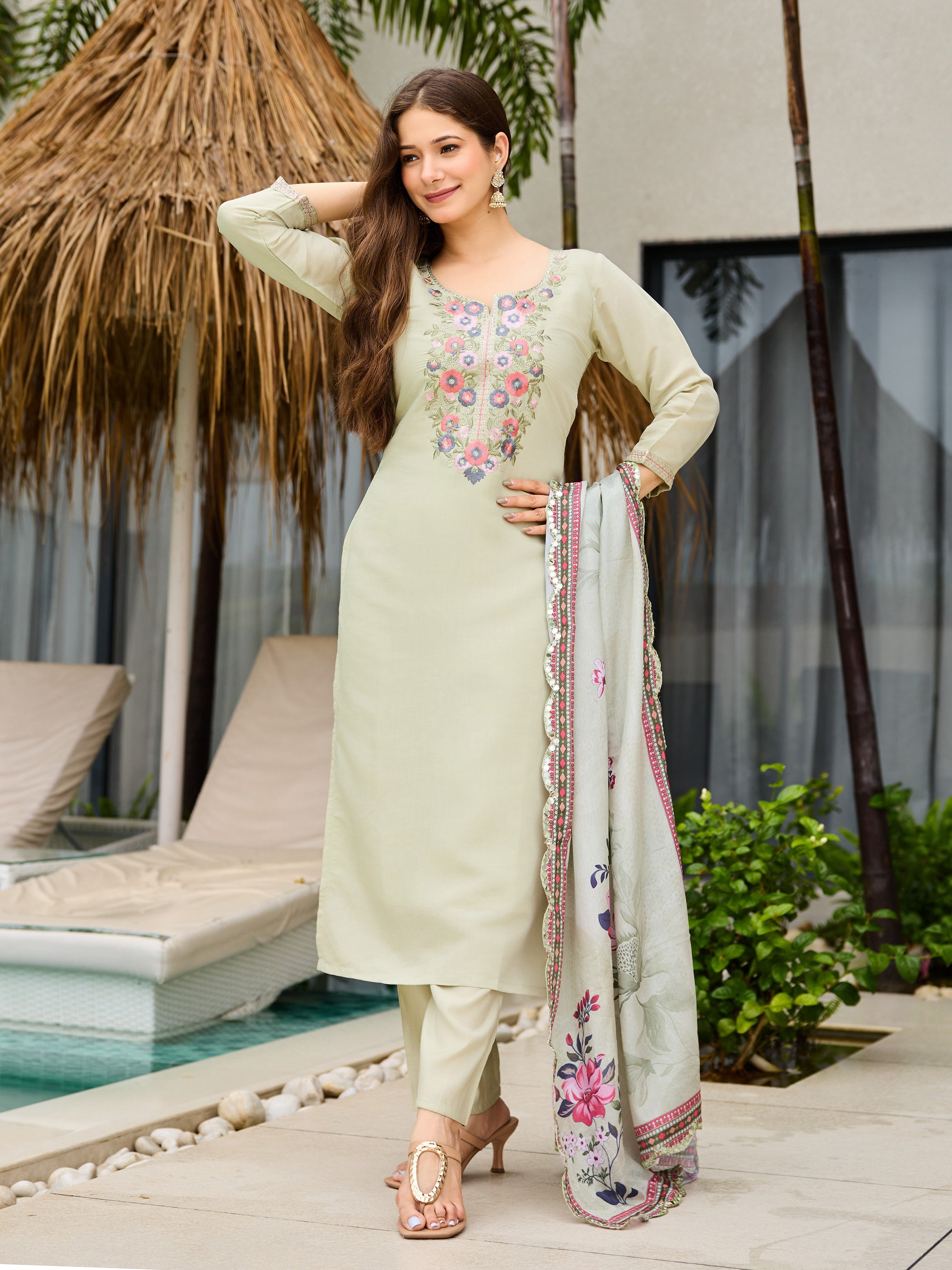 Women Embroidery Worked Kurta With Pant And Duppata Set