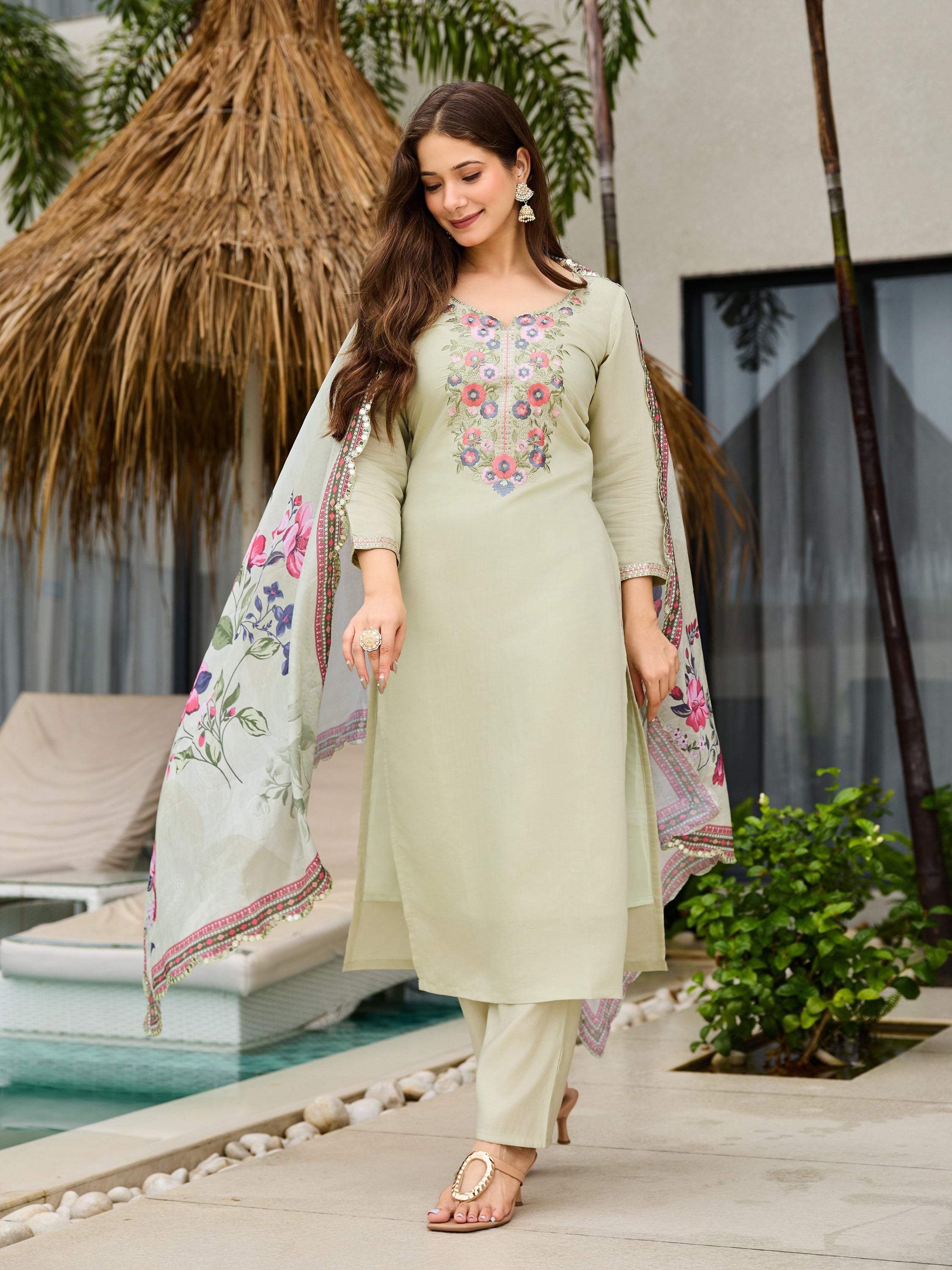 Women Embroidery Worked Kurta With Pant And Duppata Set
